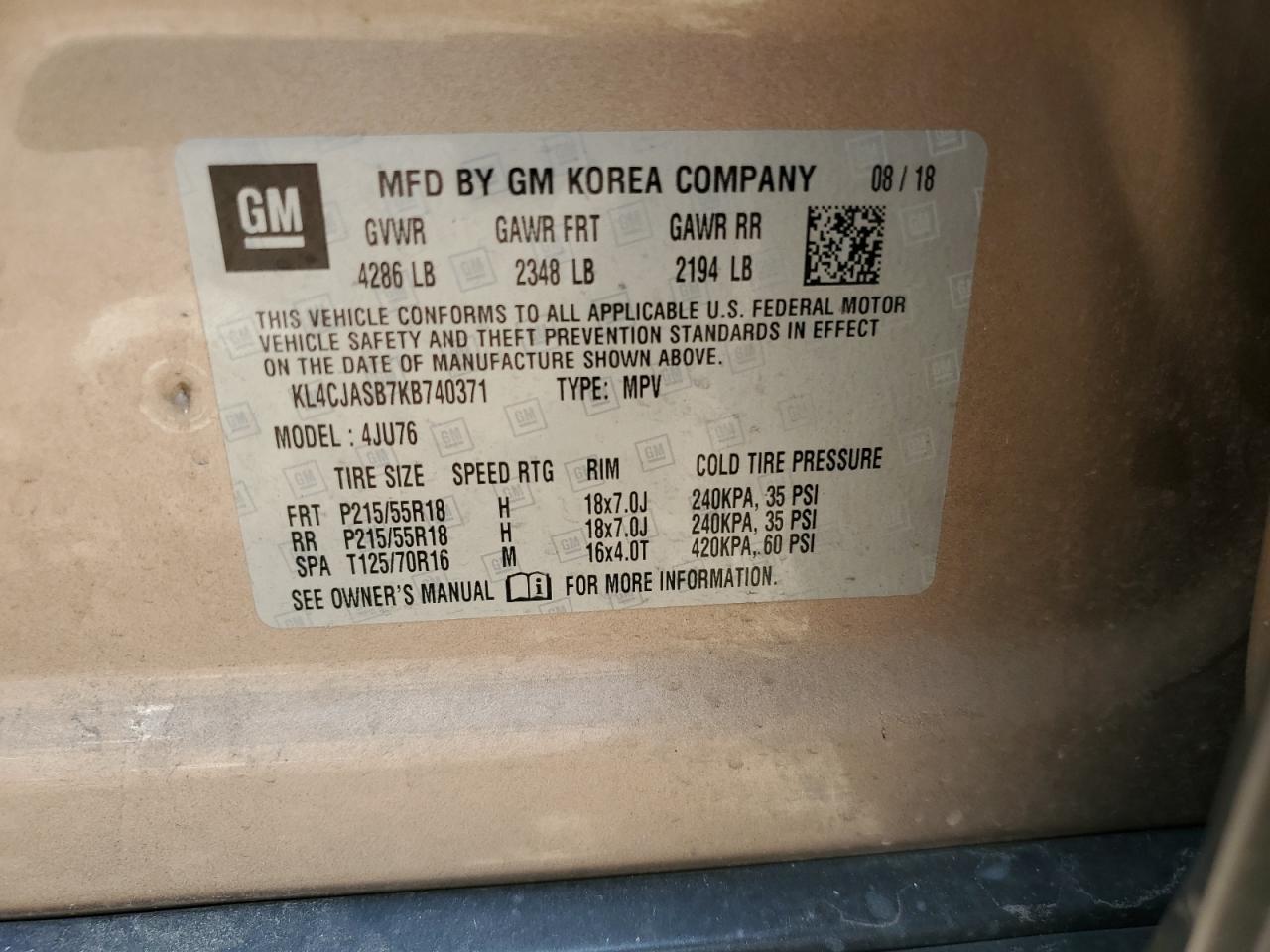 2019 Buick Encore Preferred VIN: KL4CJASB7KB740371 Lot: 81397185