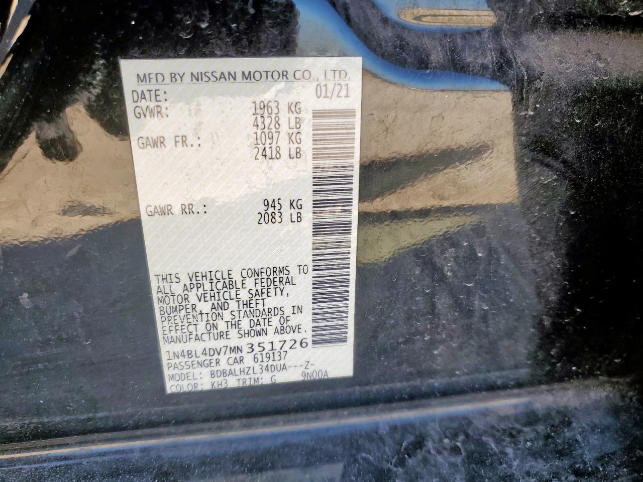 2021 Nissan Altima Sv VIN: 1N4BL4DV7MN351726 Lot: 84374275