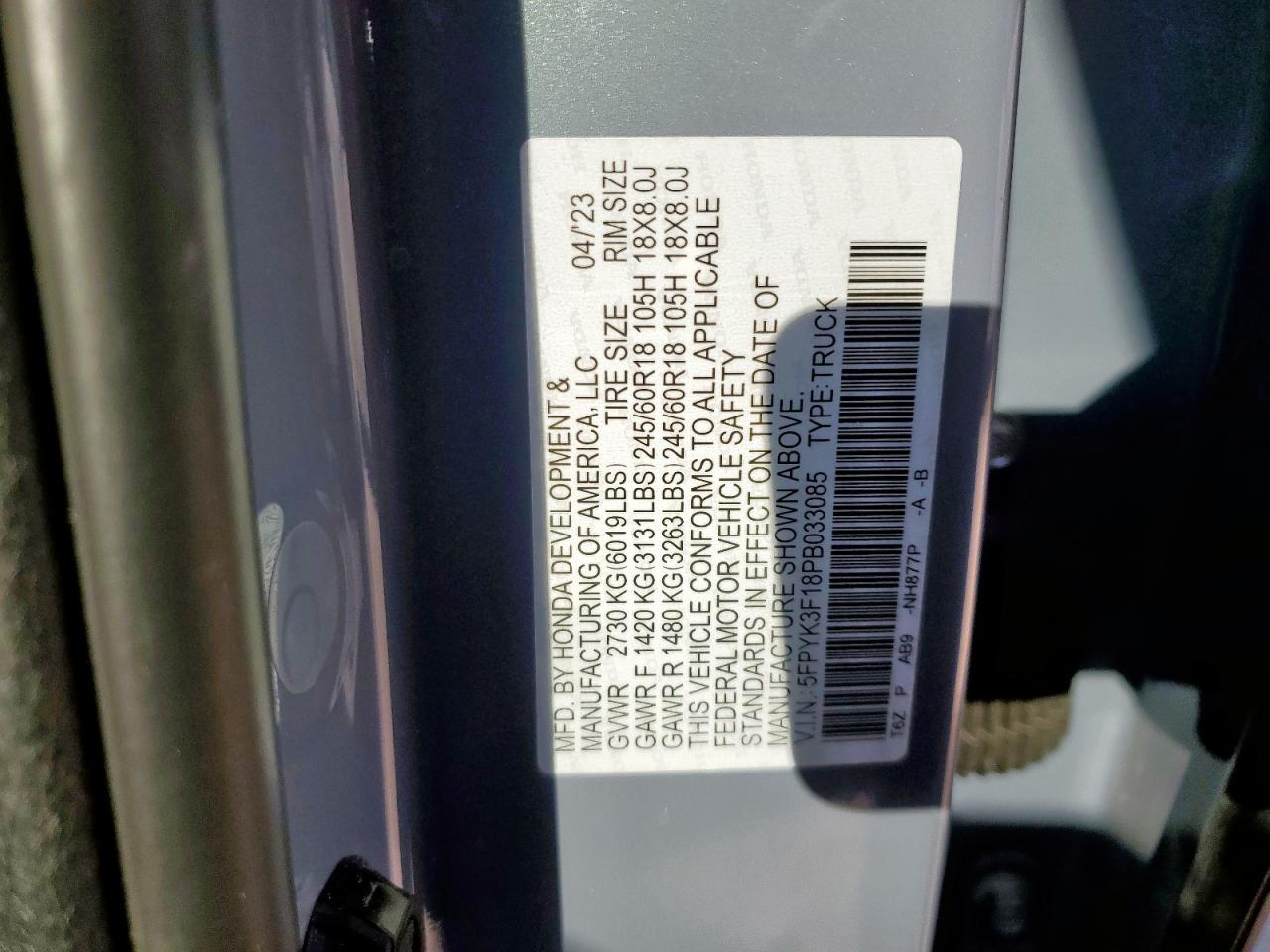 2023 Honda Ridgeline Sport VIN: 5FPYK3F18PB033085 Lot: 81397035