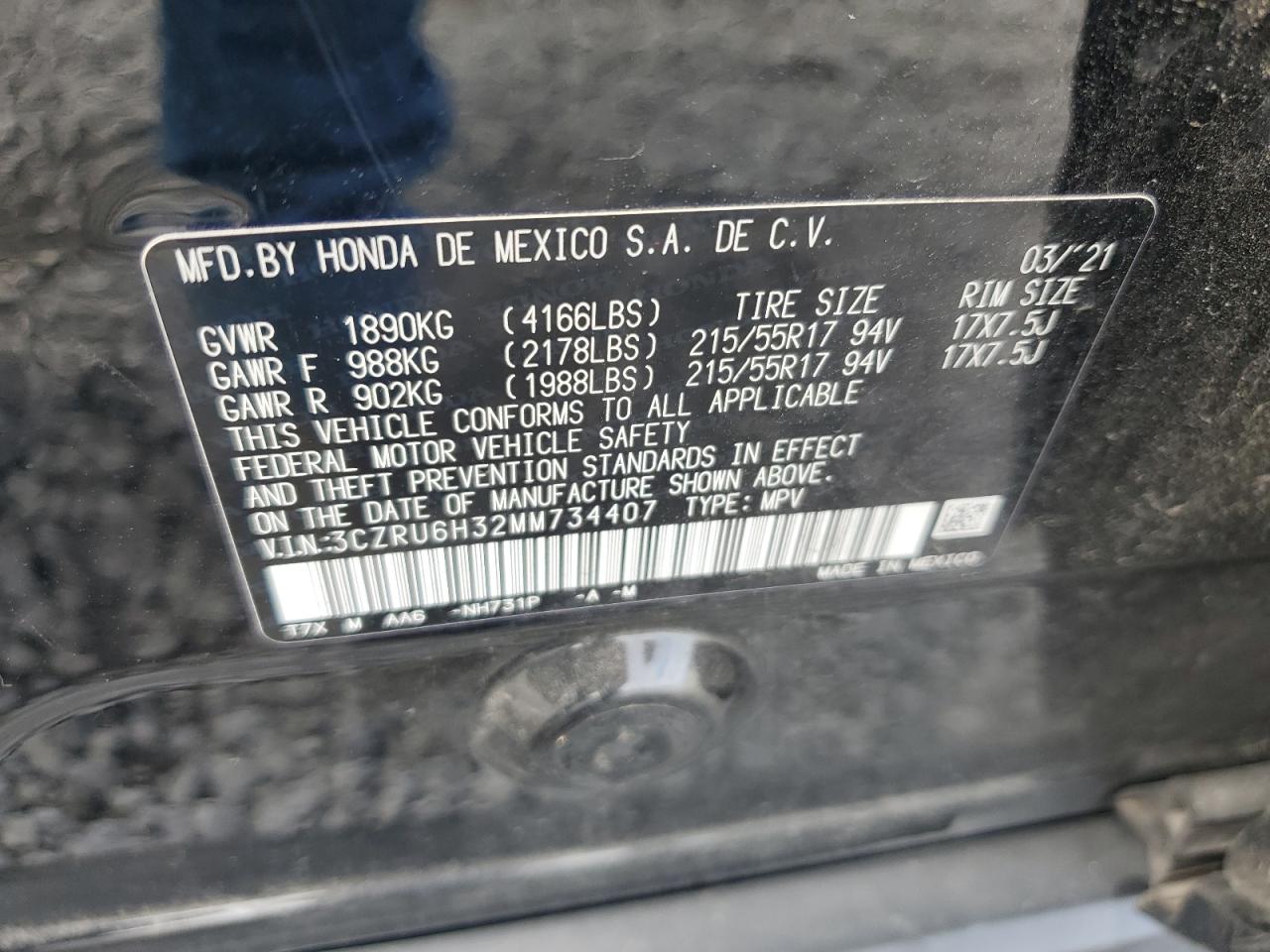 2021 Honda Hr-V Lx VIN: 3CZRU6H32MM734407 Lot: 81303765