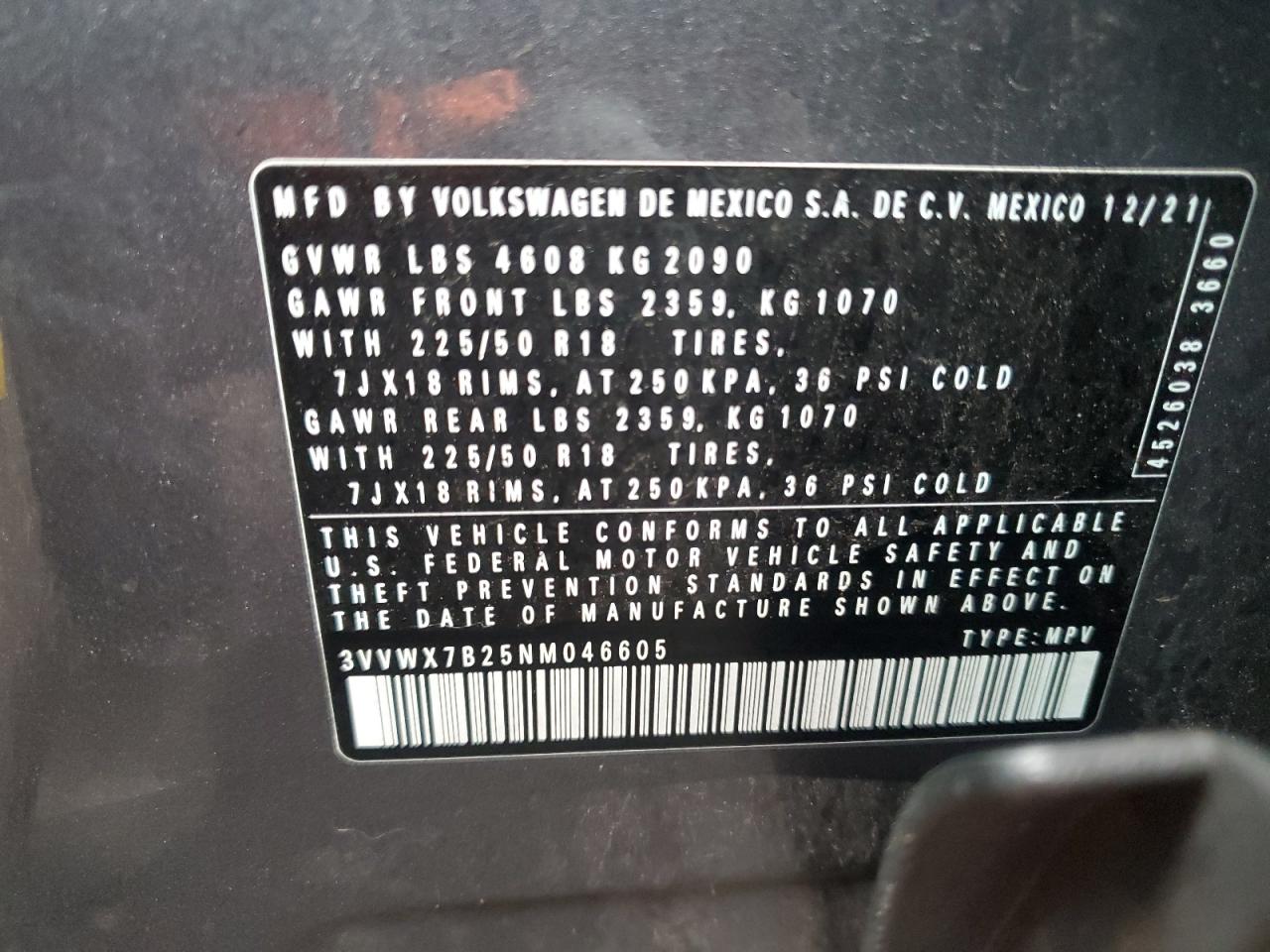 2022 Volkswagen Taos Se VIN: 3VVWX7B25NM046605 Lot: 82151565