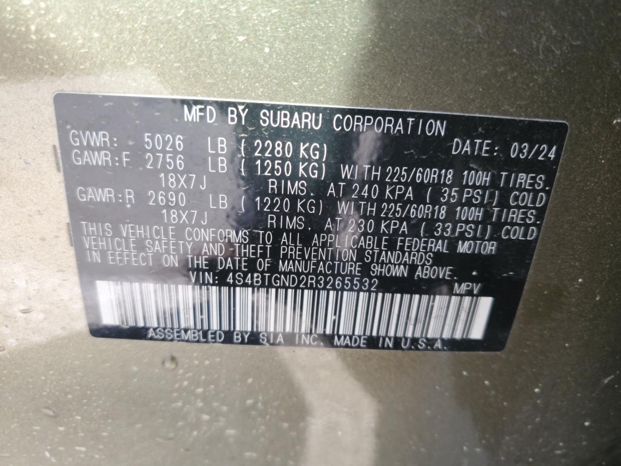 2024 Subaru Outback Limited Xt VIN: 4S4BTGND2R3265532 Lot: 70412825