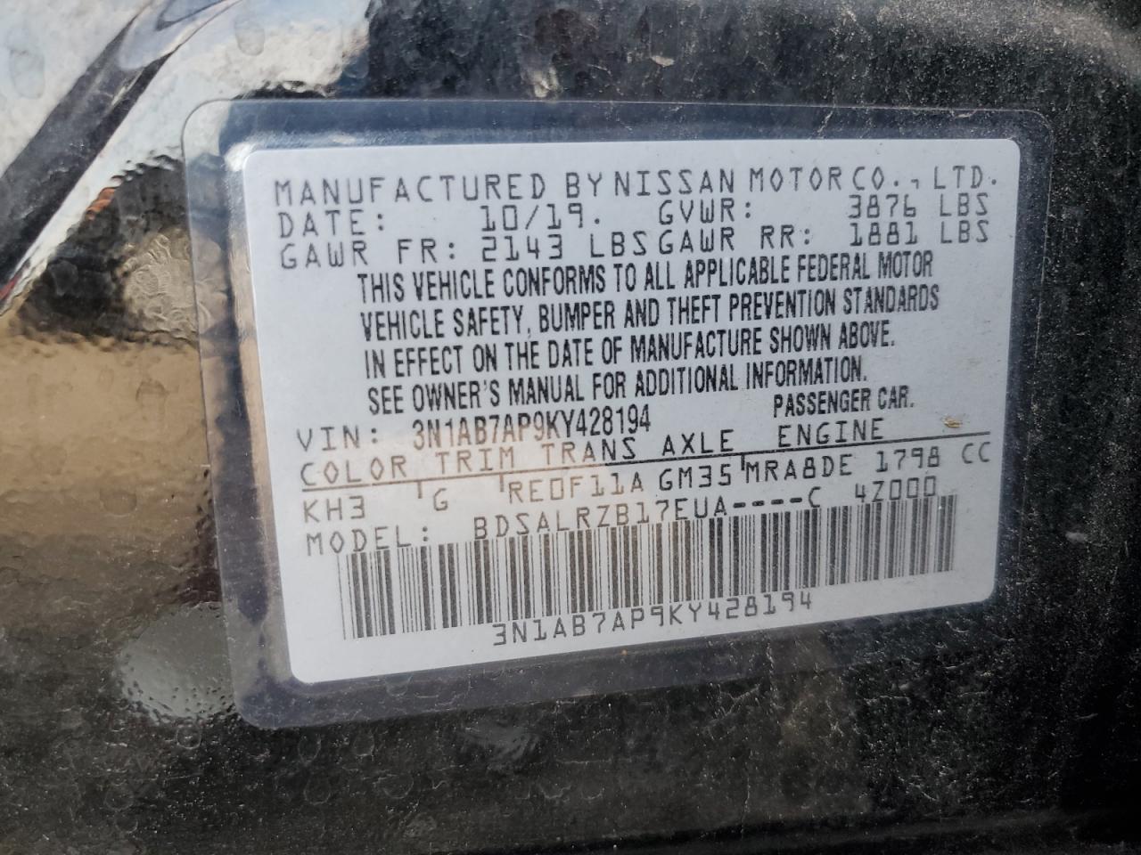2019 Nissan Sentra S VIN: 3N1AB7AP9KY428194 Lot: 80161665