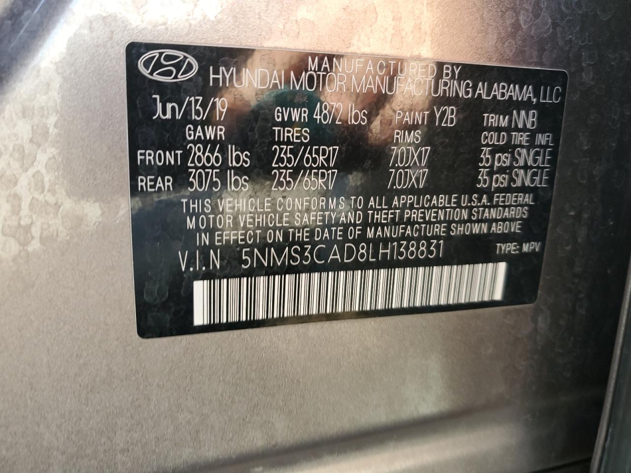 2020 Hyundai Santa Fe Sel VIN: 5NMS3CAD8LH138831 Lot: 84406715