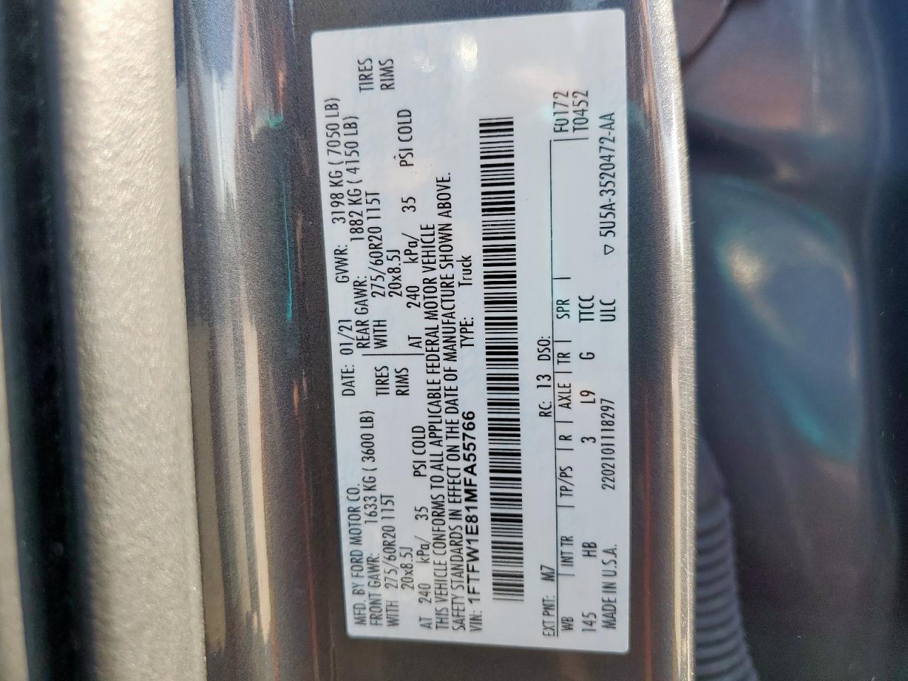 2021 Ford F150 Supercrew VIN: 1FTFW1E81MFA55766 Lot: 90113045