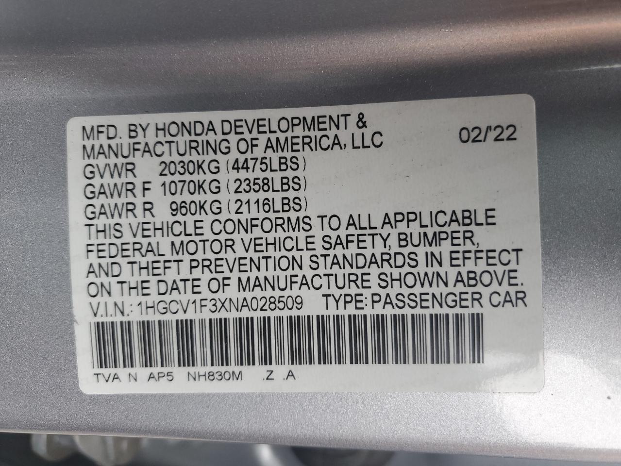 2022 Honda Accord Sport VIN: 1HGCV1F3XNA028509 Lot: 71704315