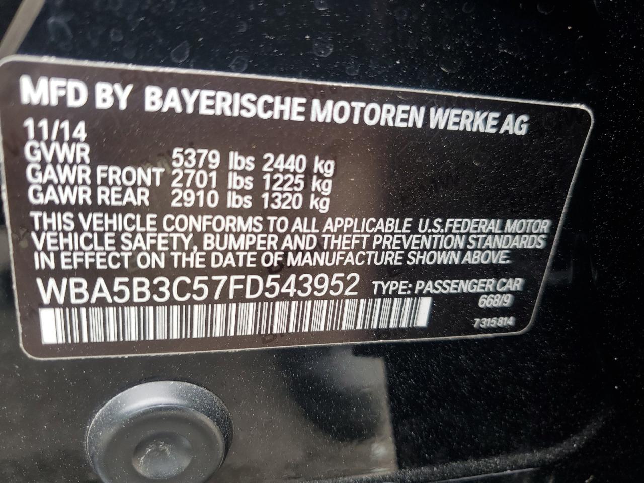 2015 BMW 535 Xi VIN: WBA5B3C57FD543952 Lot: 80034725