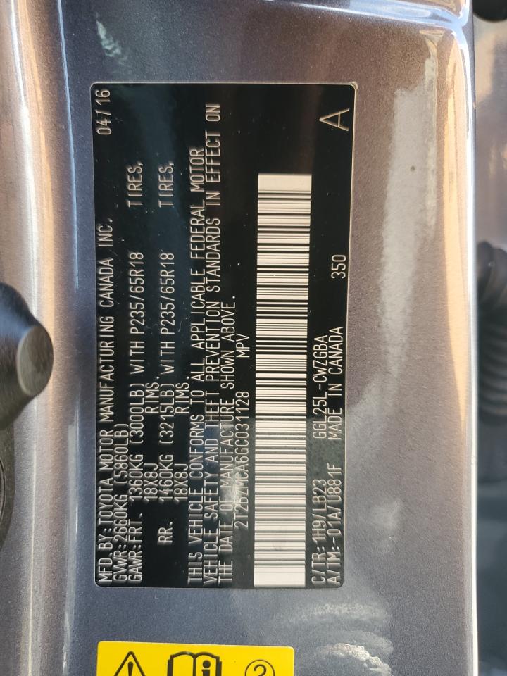 2016 Lexus Rx 350 Base VIN: 2T2BZMCA6GC031128 Lot: 80549155