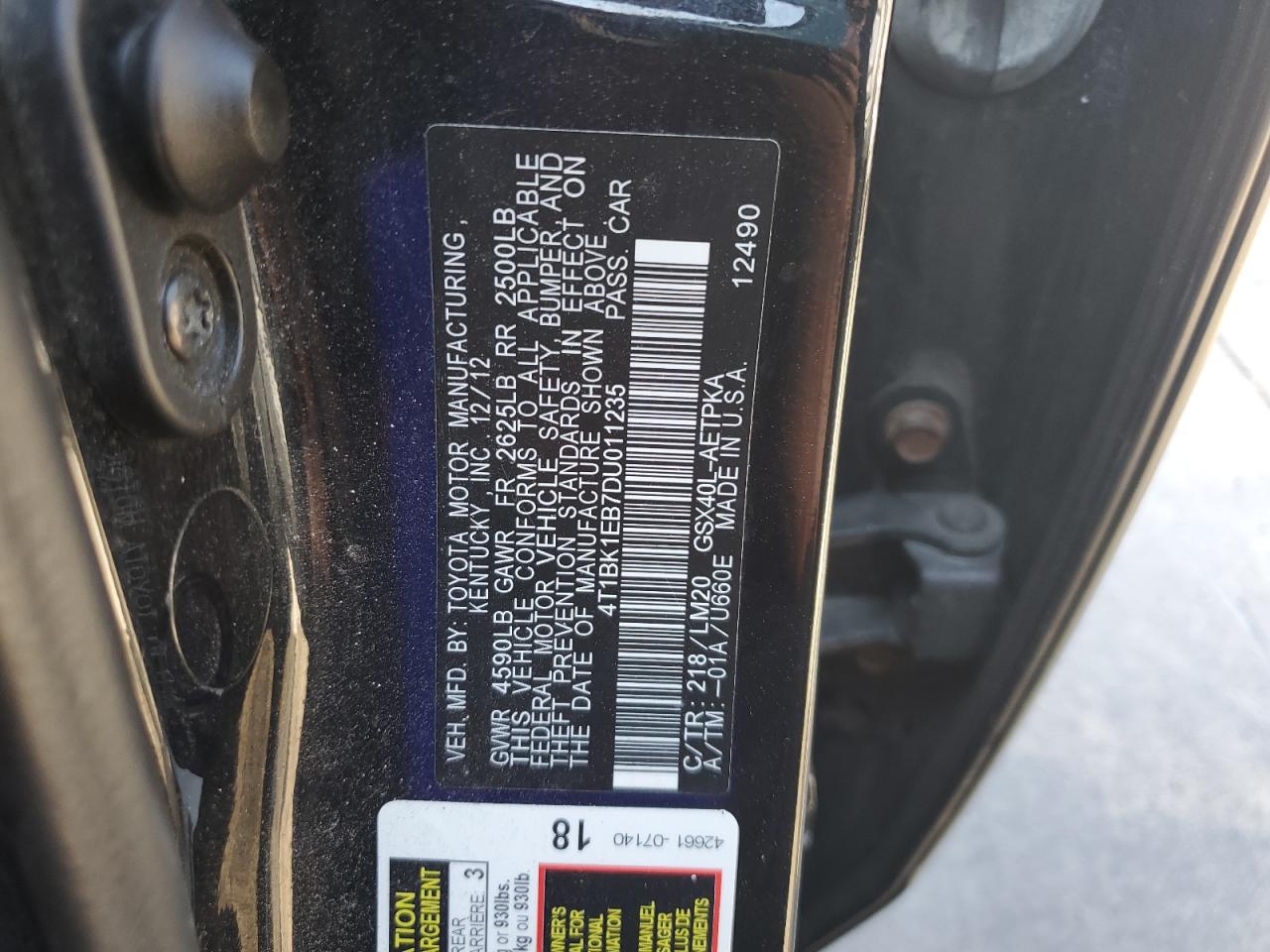 2013 Toyota Avalon Base VIN: 4T1BK1EB7DU011235 Lot: 82089525