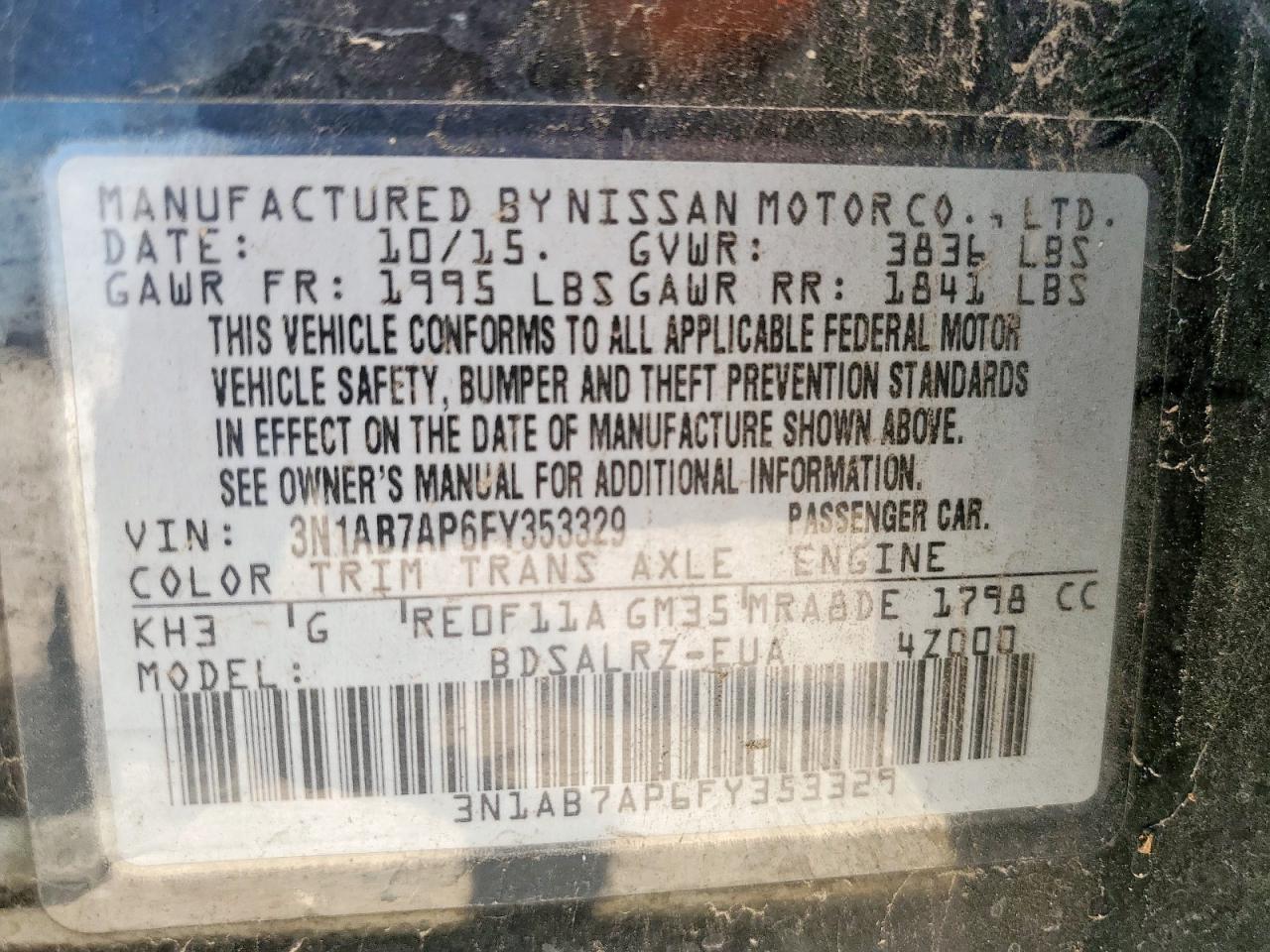 2015 Nissan Sentra S VIN: 3N1AB7AP6FY353329 Lot: 80638725