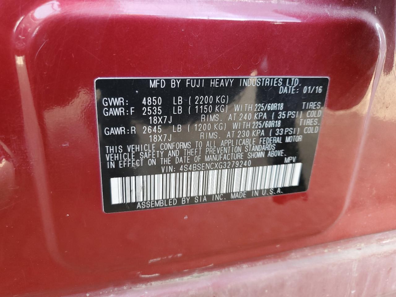 2016 Subaru Outback 3.6R Limited VIN: 4S4BSENCXG3279240 Lot: 84453085