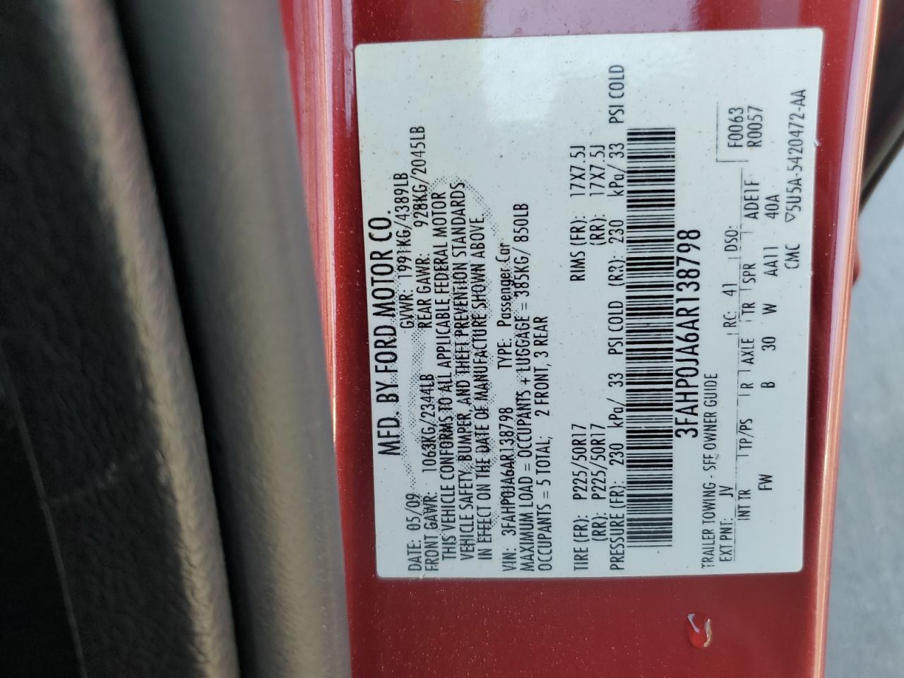 2010 Ford Fusion Sel VIN: 3FAHP0JA6AR138798 Lot: 71284495