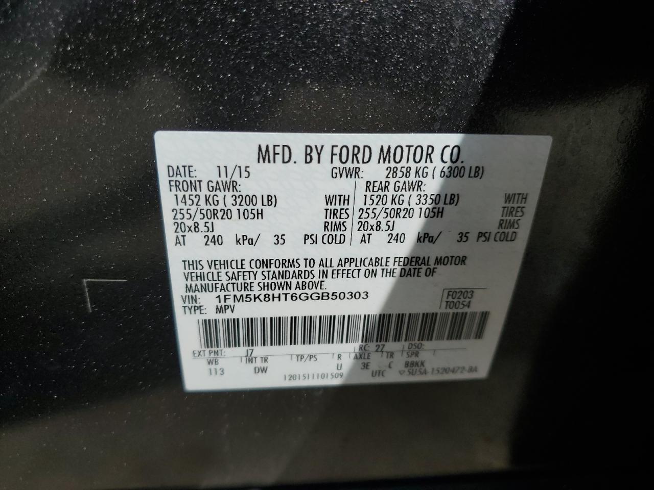 2016 Ford Explorer Platinum VIN: 1FM5K8HT6GGB50303 Lot: 70145535