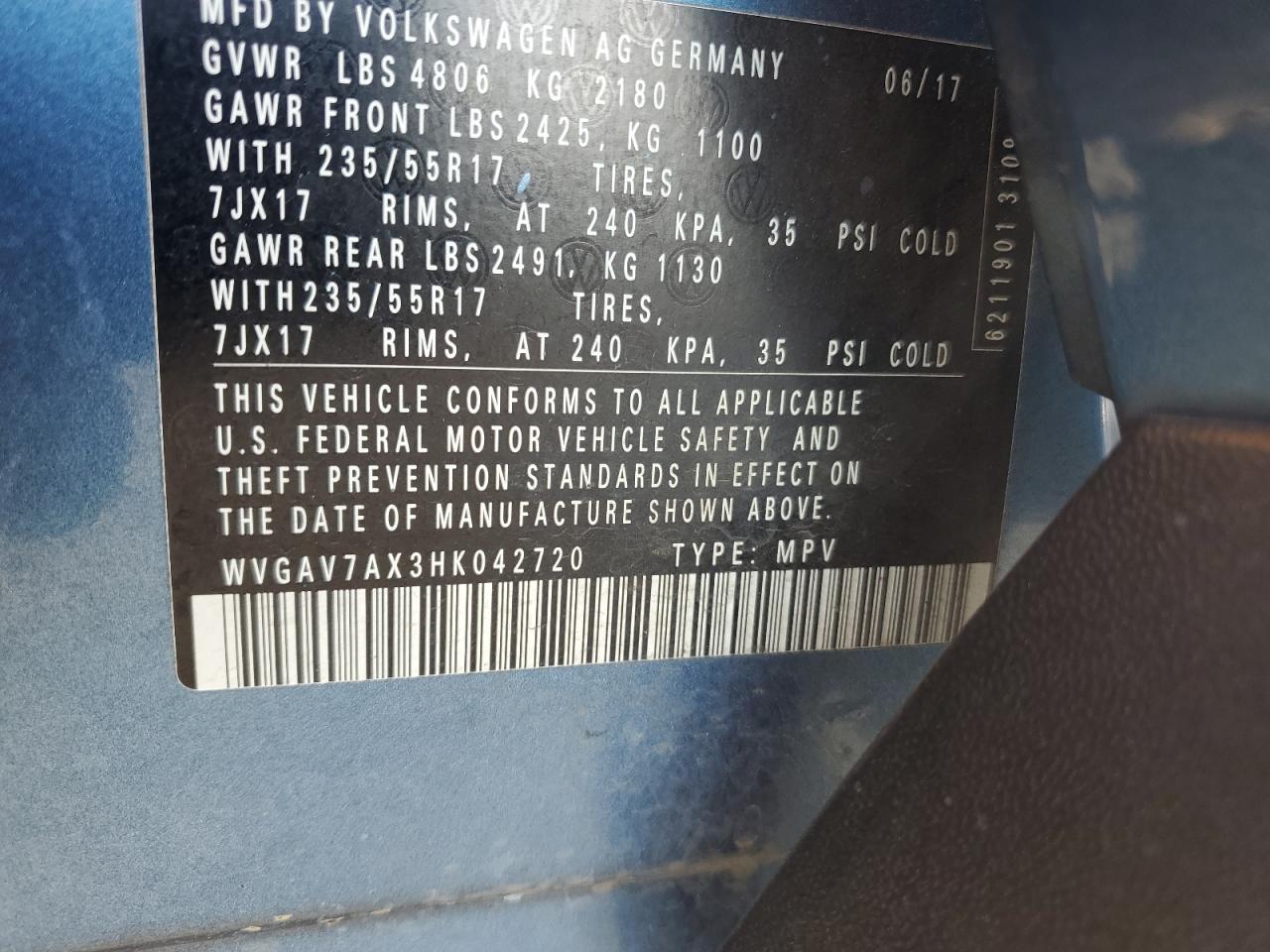 2017 Volkswagen Tiguan S VIN: WVGAV7AX3HK042720 Lot: 81601605