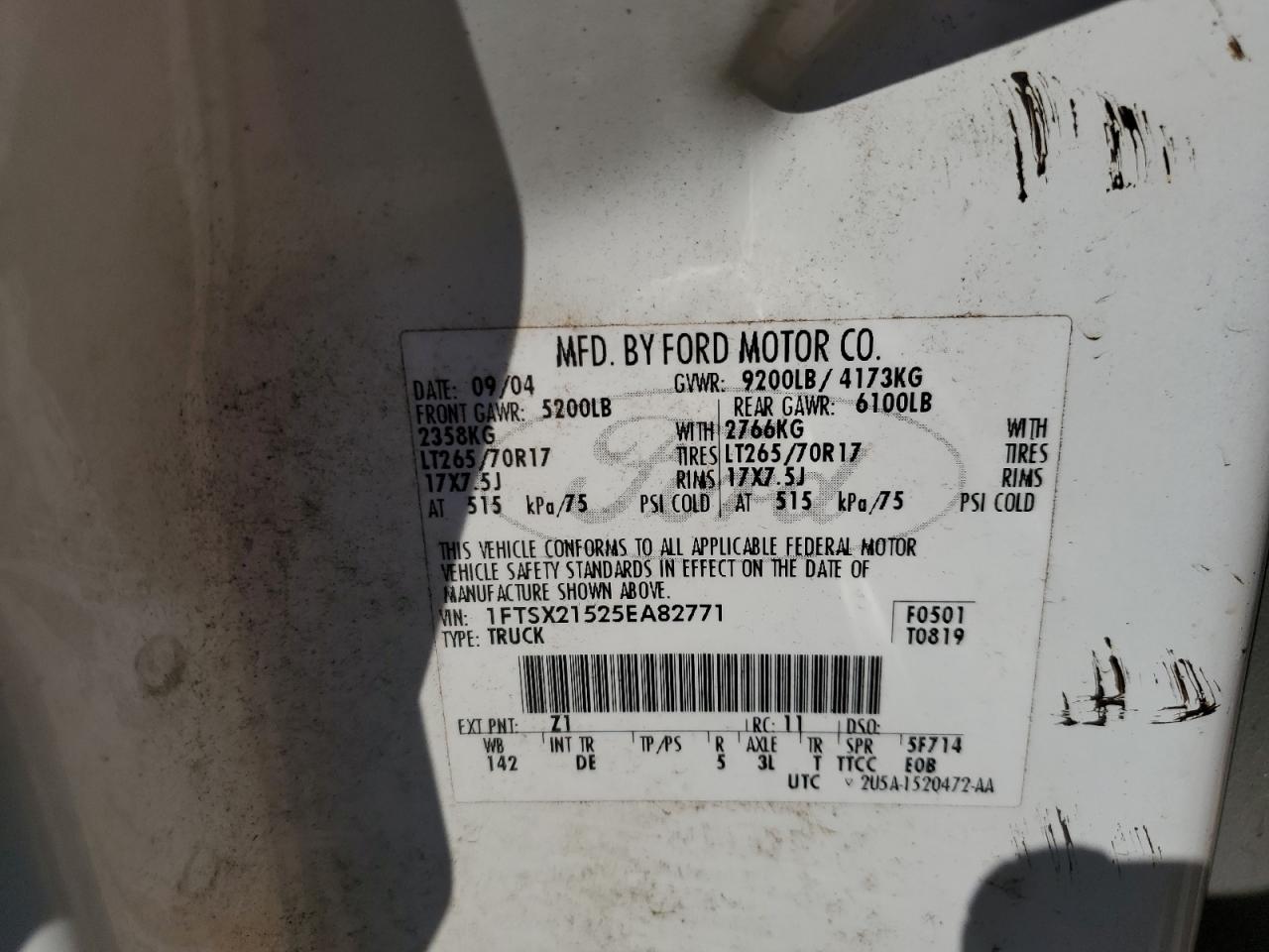 2005 Ford F250 Super Duty VIN: 1FTSX21525EA82771 Lot: 80868345