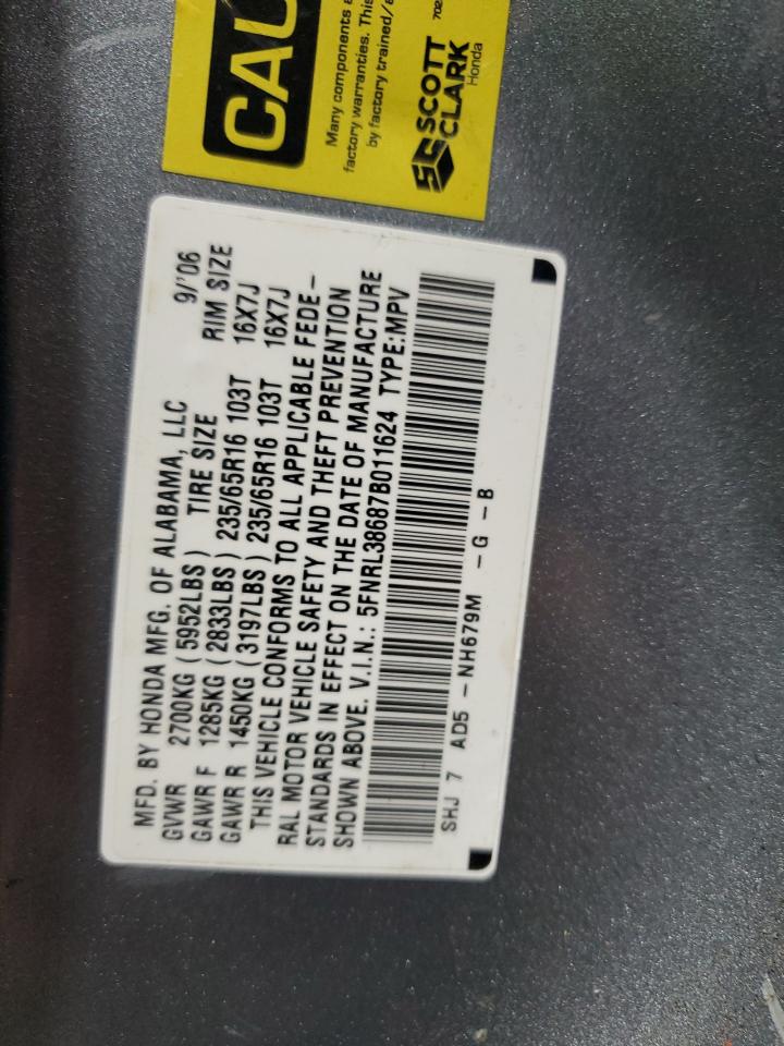 2007 Honda Odyssey Exl VIN: 5FNRL38687B011624 Lot: 71366575