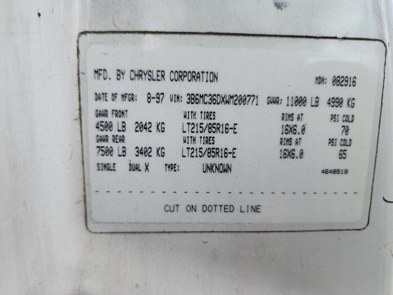 1998 Dodge Ram 3500 VIN: 3B6MC36DXWM200771 Lot: 81441745