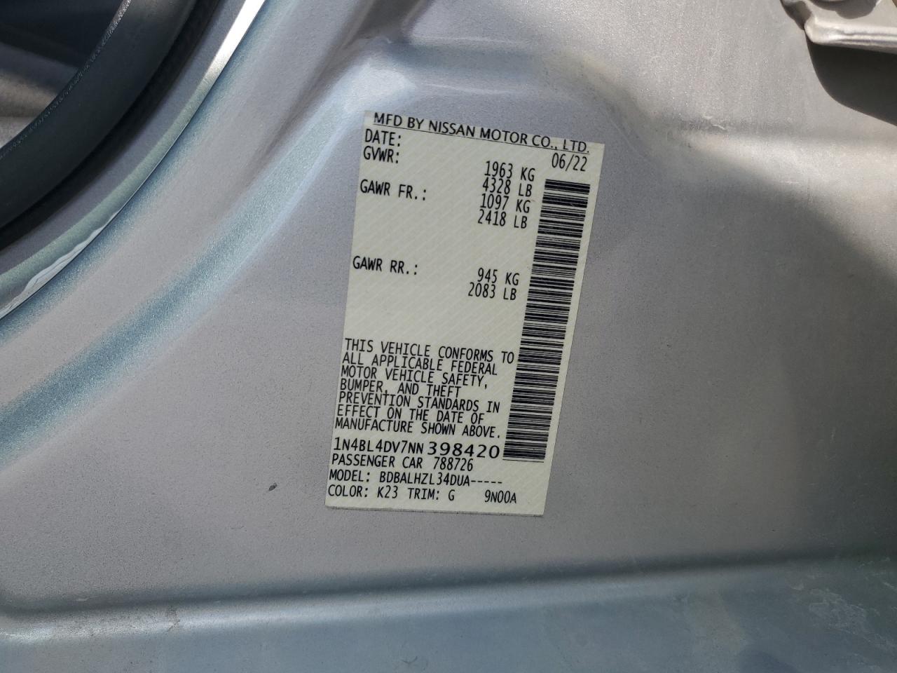 2022 Nissan Altima Sv VIN: 1N4BL4DV7NN398420 Lot: 84903985