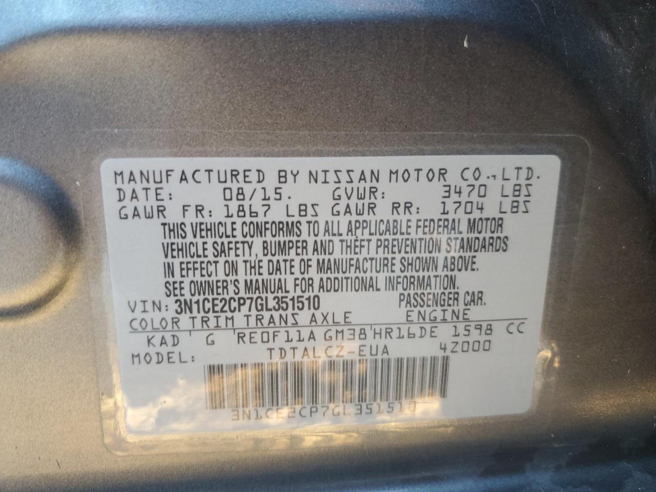 2016 Nissan Versa Note S VIN: 3N1CE2CP7GL351510 Lot: 84452805