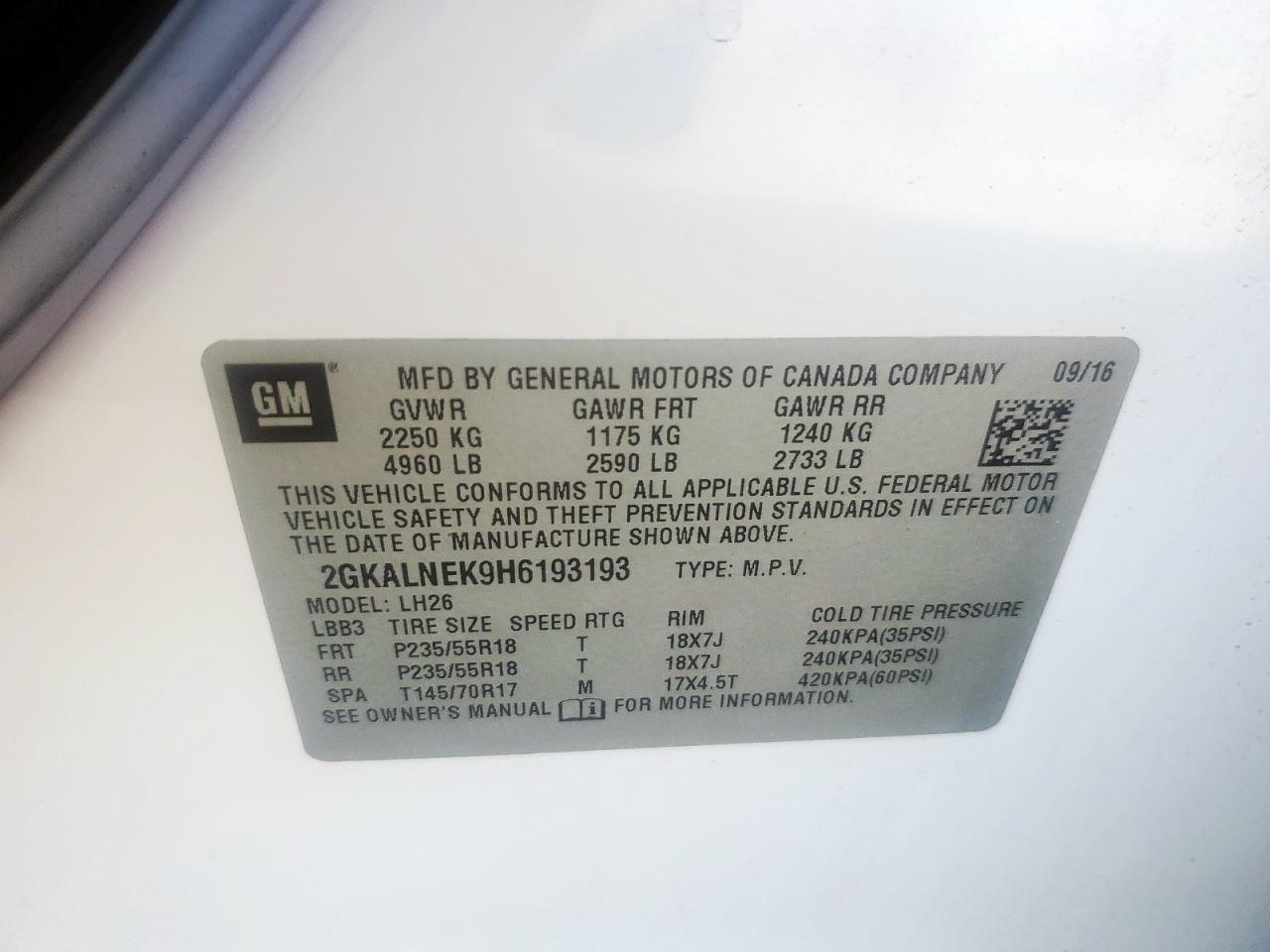 2017 GMC Terrain Sle VIN: 2GKALNEK9H6193193 Lot: 71790805