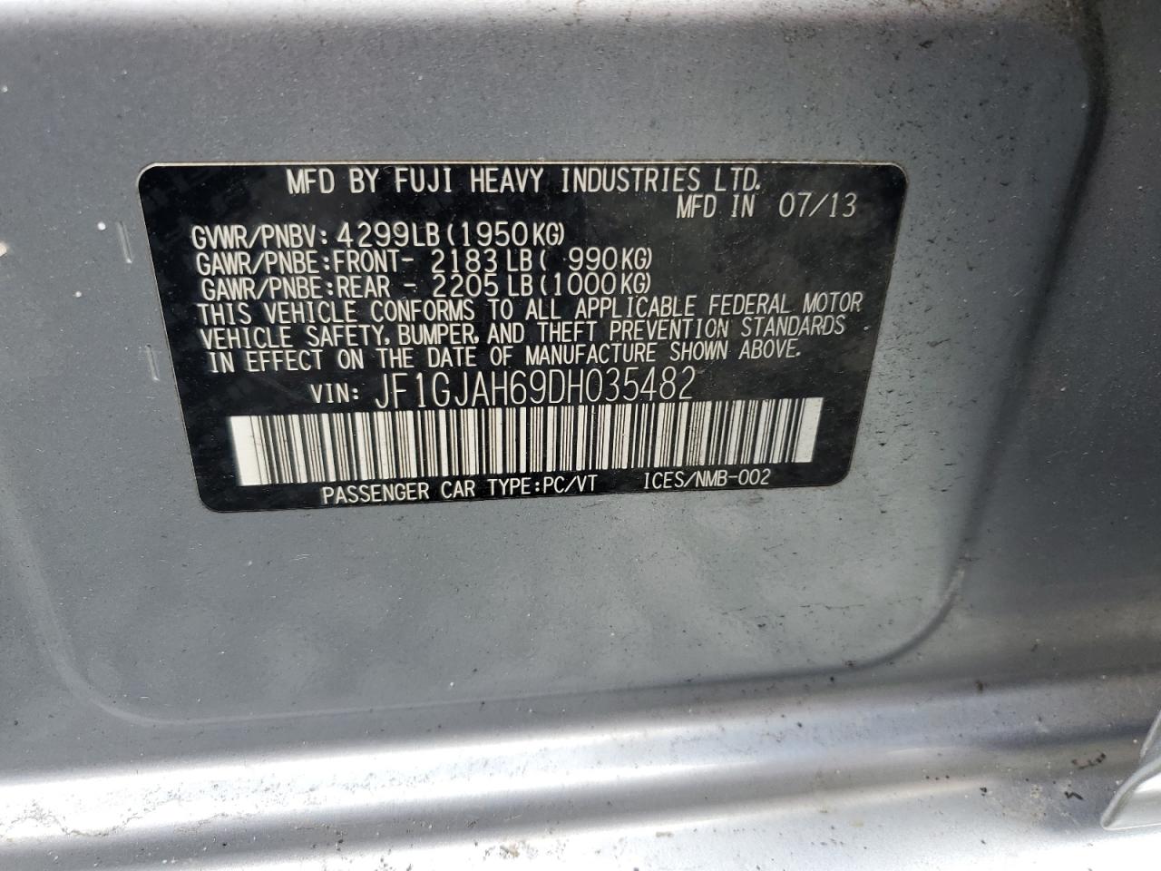 2013 Subaru Impreza Limited VIN: JF1GJAH69DH035482 Lot: 81431475