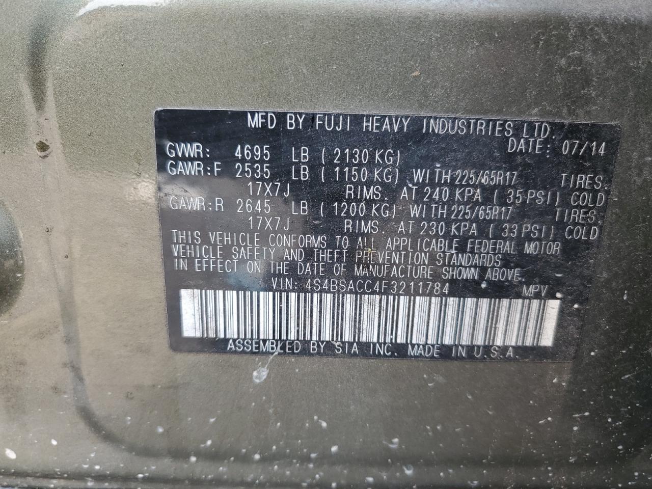 2015 Subaru Outback 2.5I Premium VIN: 4S4BSACC4F3211784 Lot: 81547145