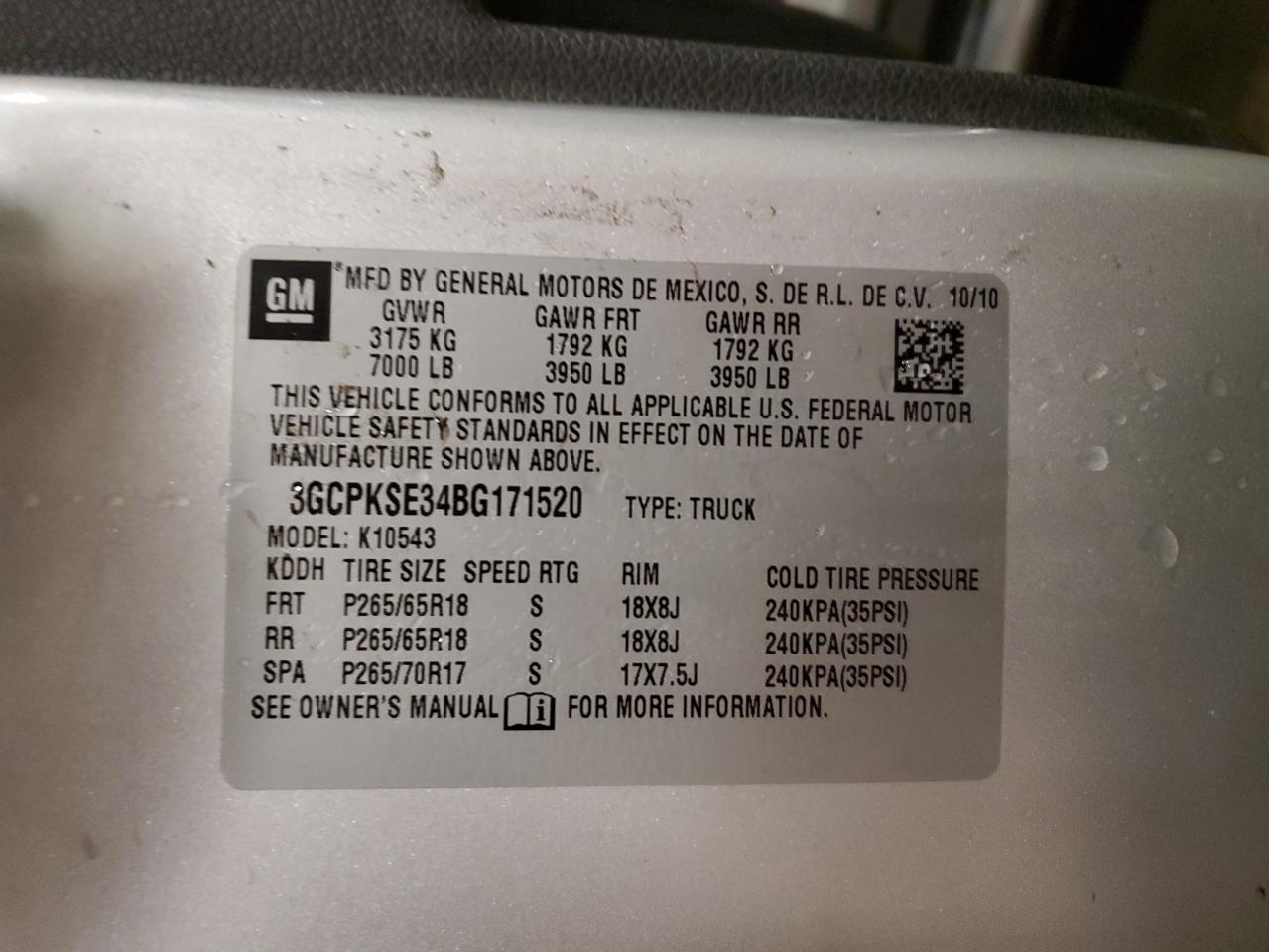 2011 Chevrolet Silverado K1500 Lt VIN: 3GCPKSE34BG171520 Lot: 70891375