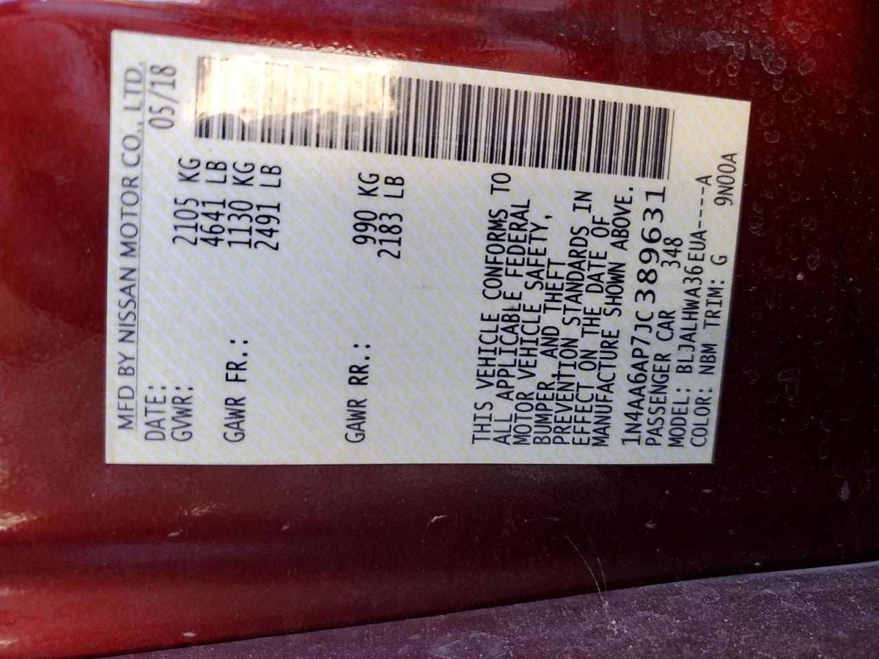 2018 Nissan Maxima 3.5S VIN: 1N4AA6AP7JC389631 Lot: 80321155