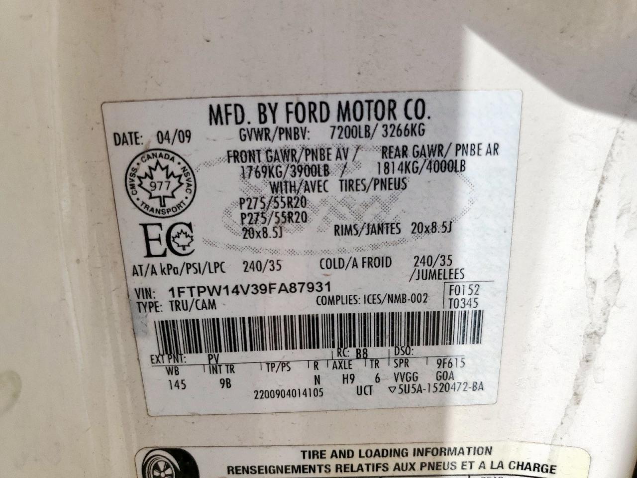 2009 Ford F150 Supercrew VIN: 1FTPW14V39FA87931 Lot: 84621195