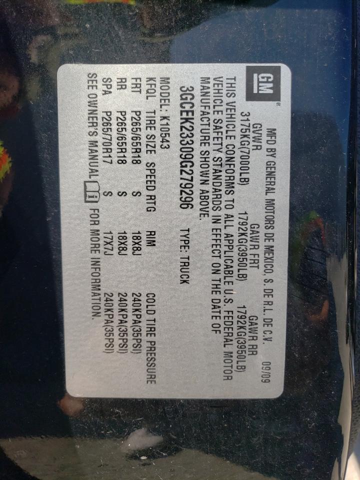 2009 Chevrolet Silverado K1500 Lt VIN: 3GCEK23309G279296 Lot: 80505005