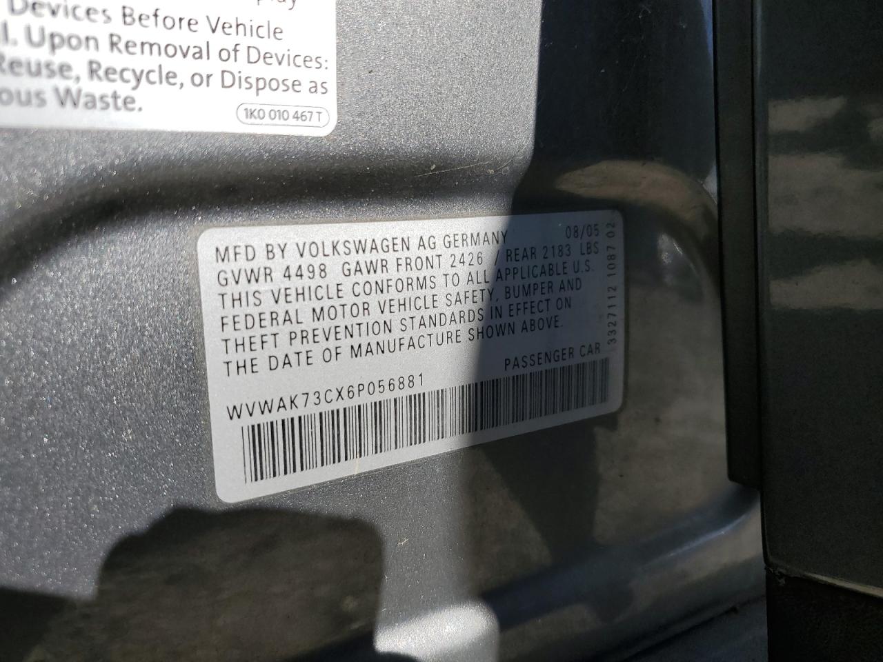 2006 Volkswagen Passat 2.0T VIN: WVWAK73CX6P056881 Lot: 72024755