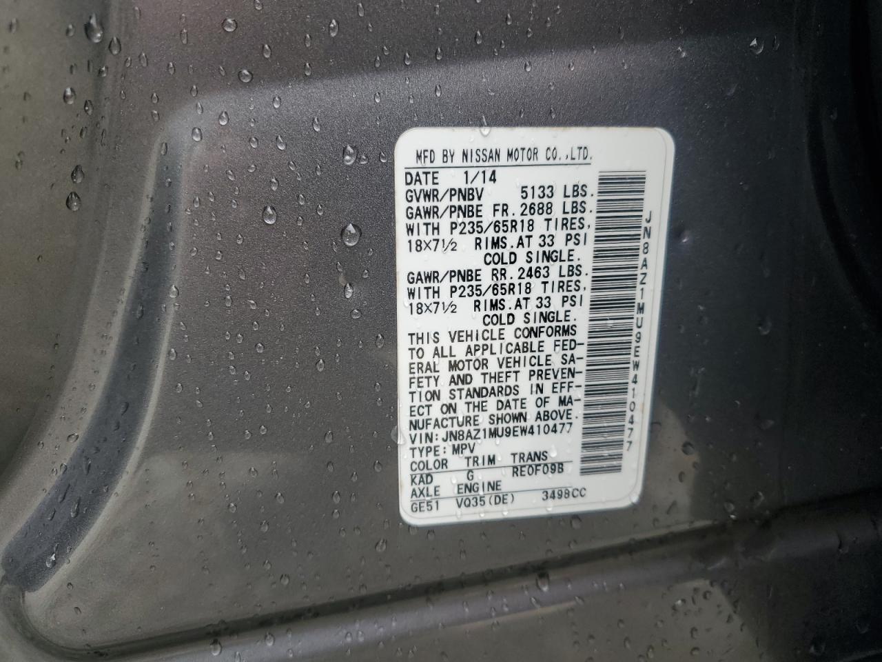 2014 Nissan Murano S VIN: JN8AZ1MU9EW410477 Lot: 72070165