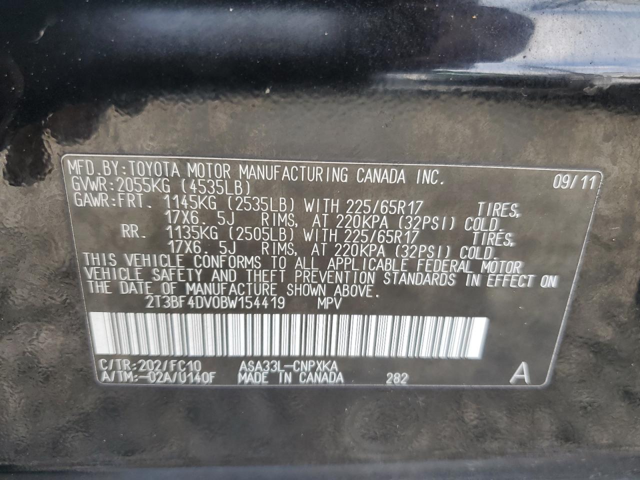 2011 Toyota Rav4 VIN: 2T3BF4DV0BW154419 Lot: 81235185