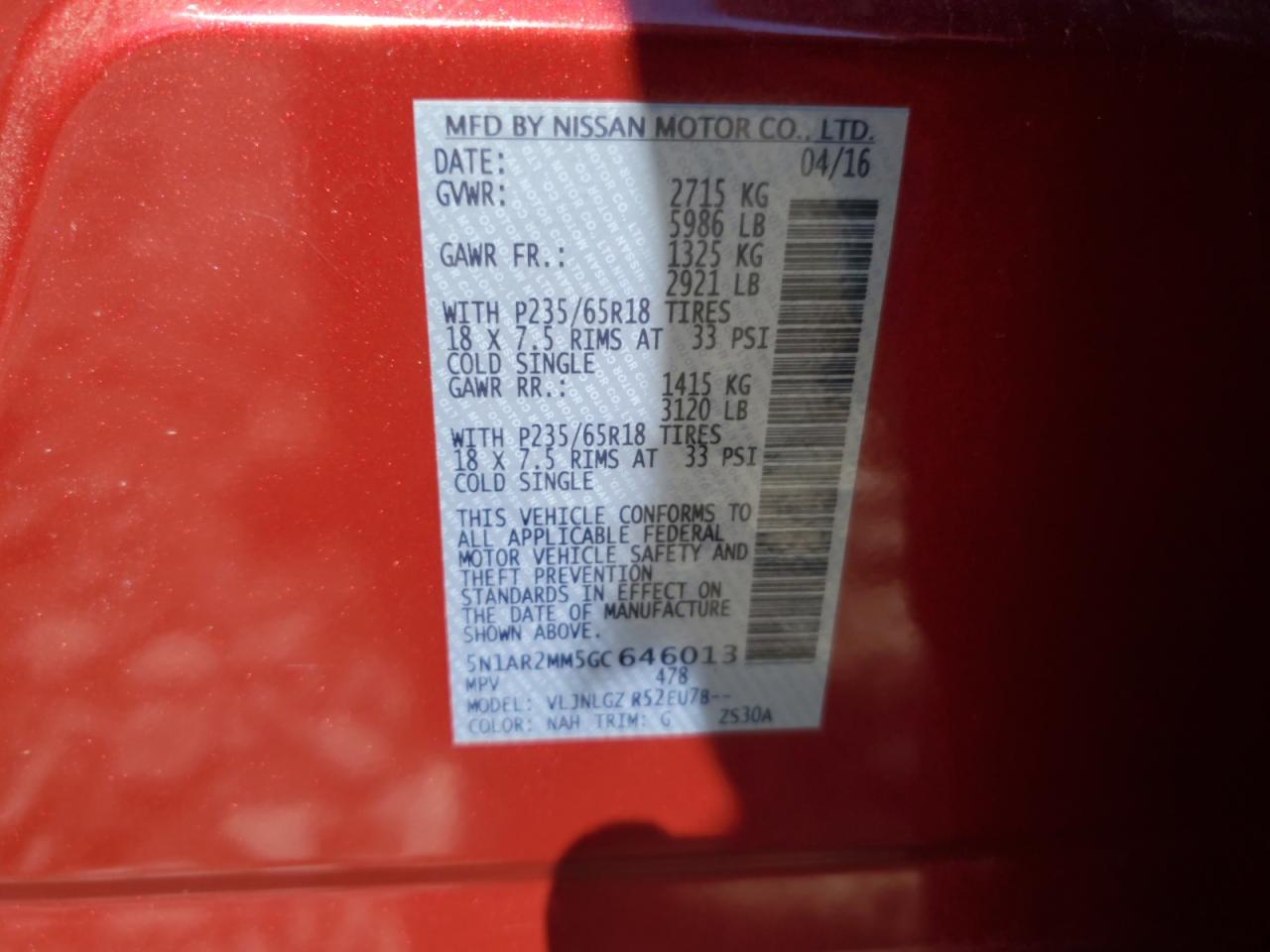 2016 Nissan Pathfinder S VIN: 5N1AR2MM5GC646013 Lot: 80835785