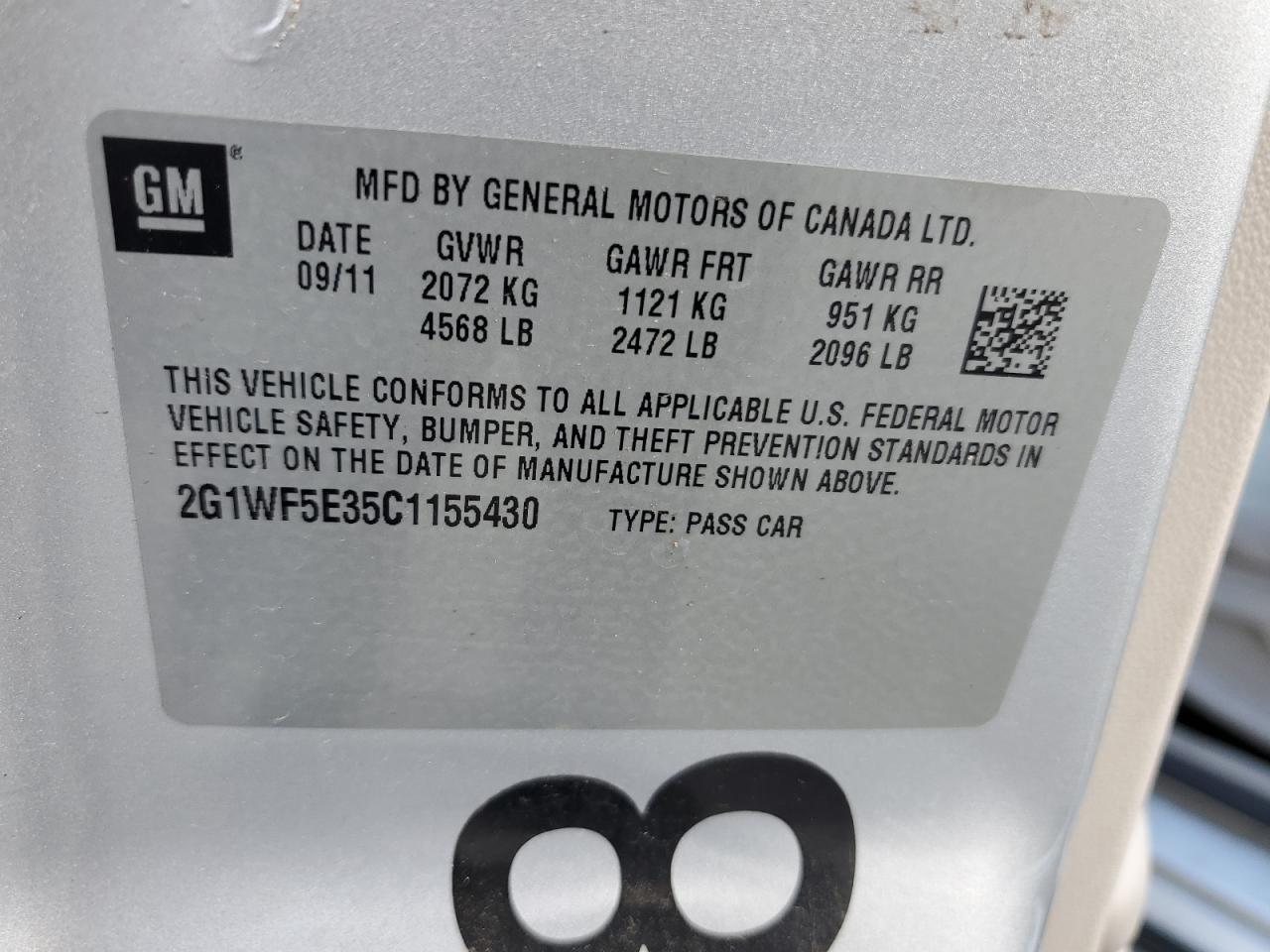 2012 Chevrolet Impala Ls VIN: 2G1WF5E35C1155430 Lot: 71575395