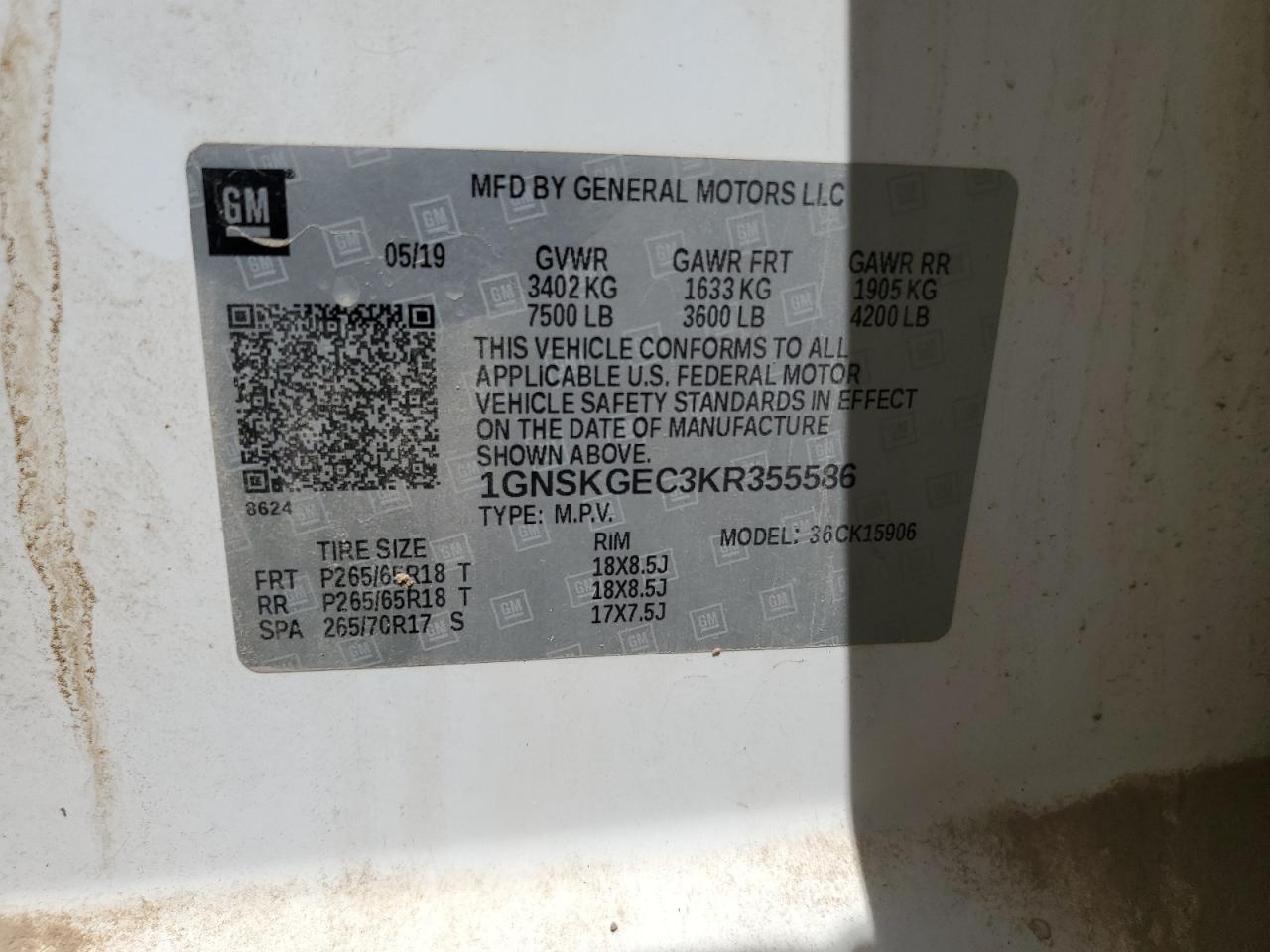 2019 Chevrolet Suburban K1500 Ls VIN: 1GNSKGEC3KR355586 Lot: 84219165