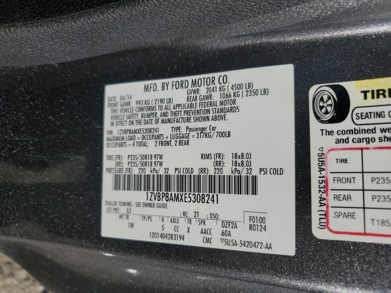 2014 Ford Mustang VIN: 1ZVBP8AMXE5308241 Lot: 80395135