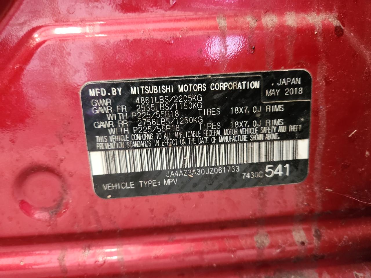 2018 Mitsubishi Outlander Se VIN: JA4AZ3A30JZ061733 Lot: 80104415