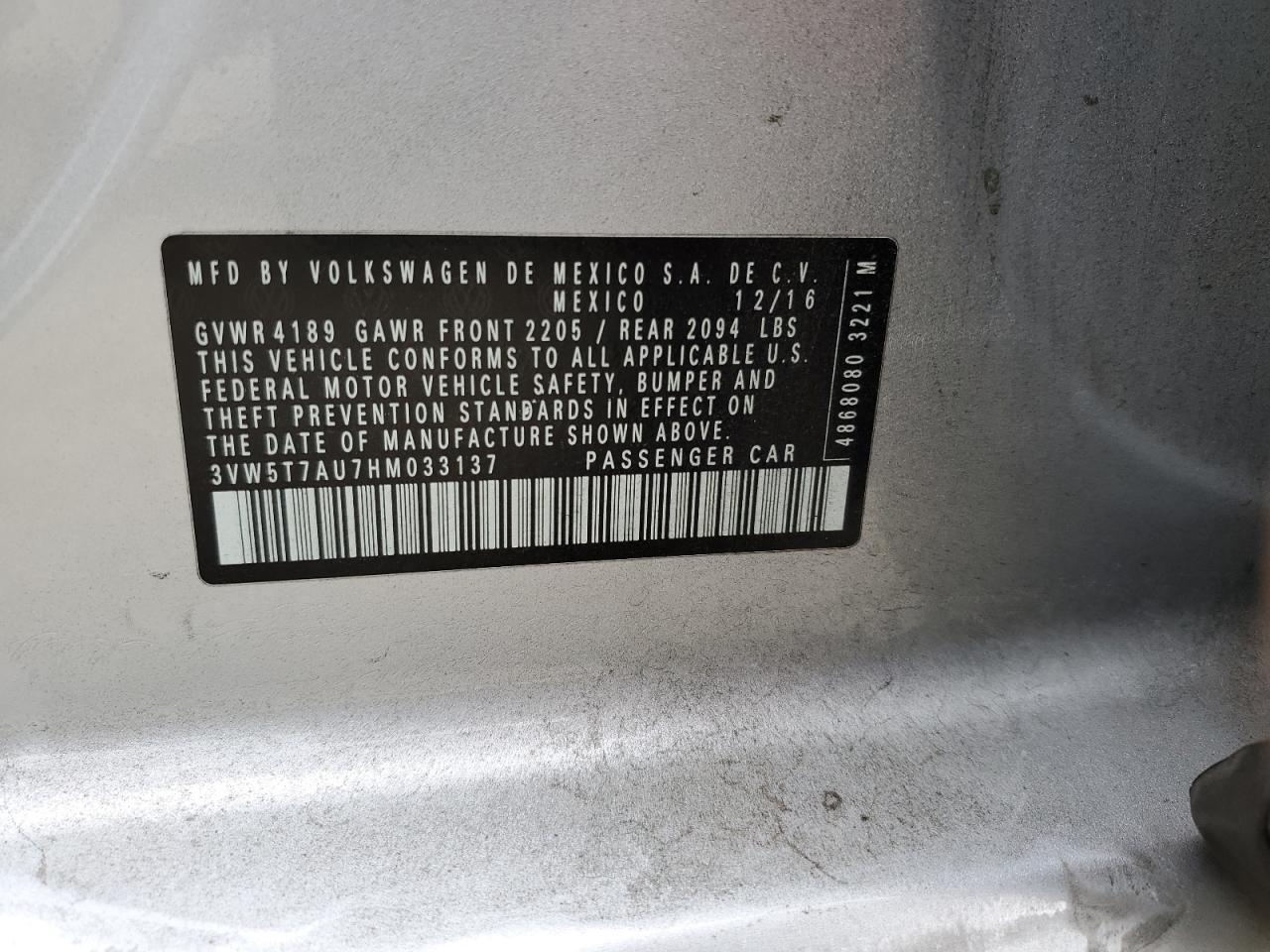 2017 Volkswagen Gti S VIN: 3VW5T7AU7HM033137 Lot: 81512015