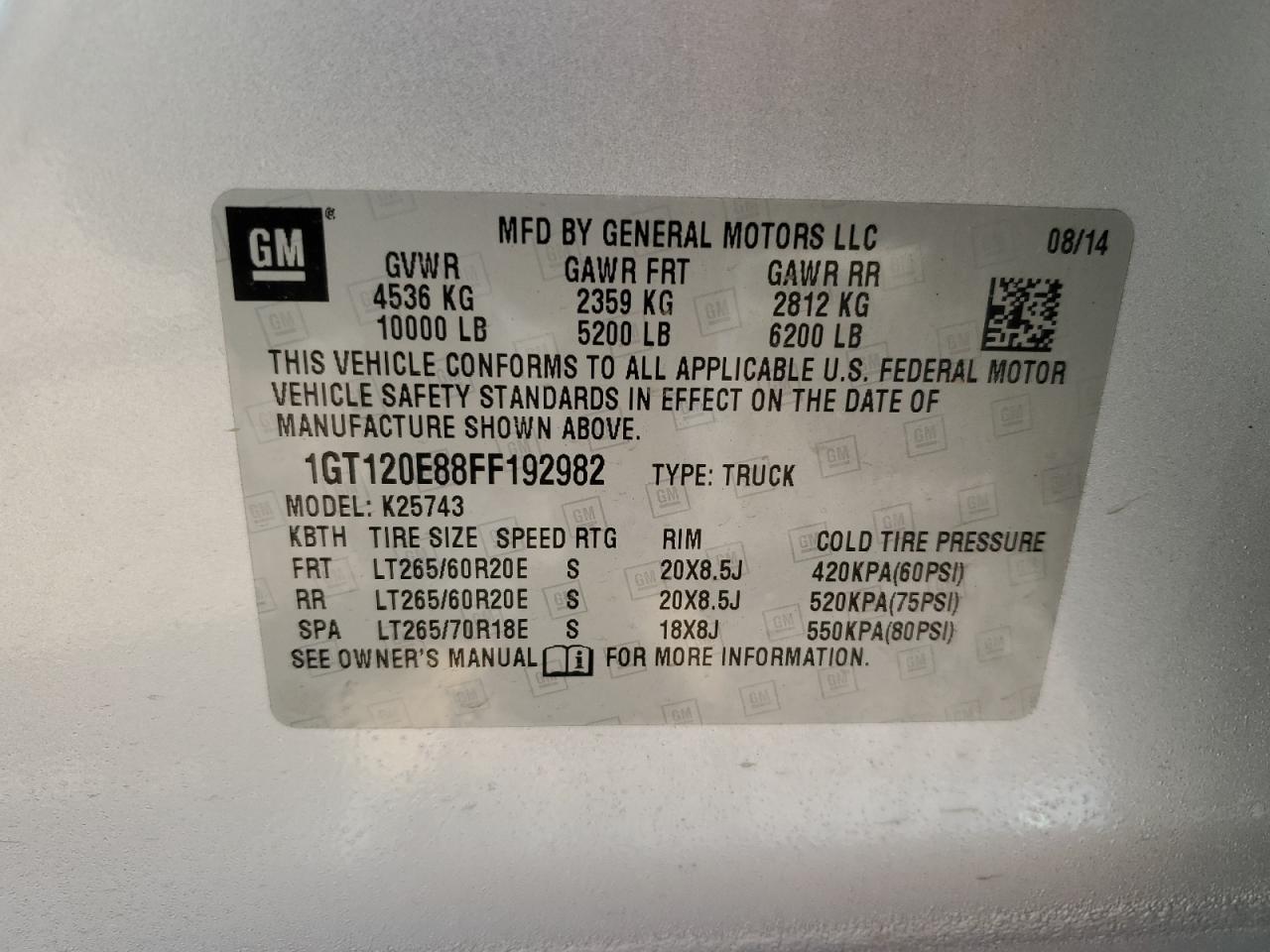 2015 GMC Sierra K2500 Denali VIN: 1GT120E88FF192982 Lot: 80834375