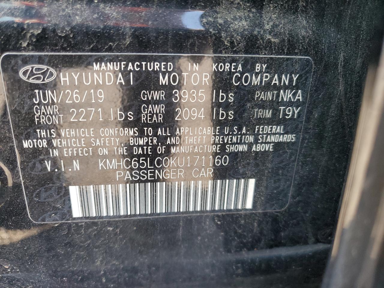 2019 Hyundai Ioniq Blue VIN: KMHC65LC0KU171160 Lot: 68543605