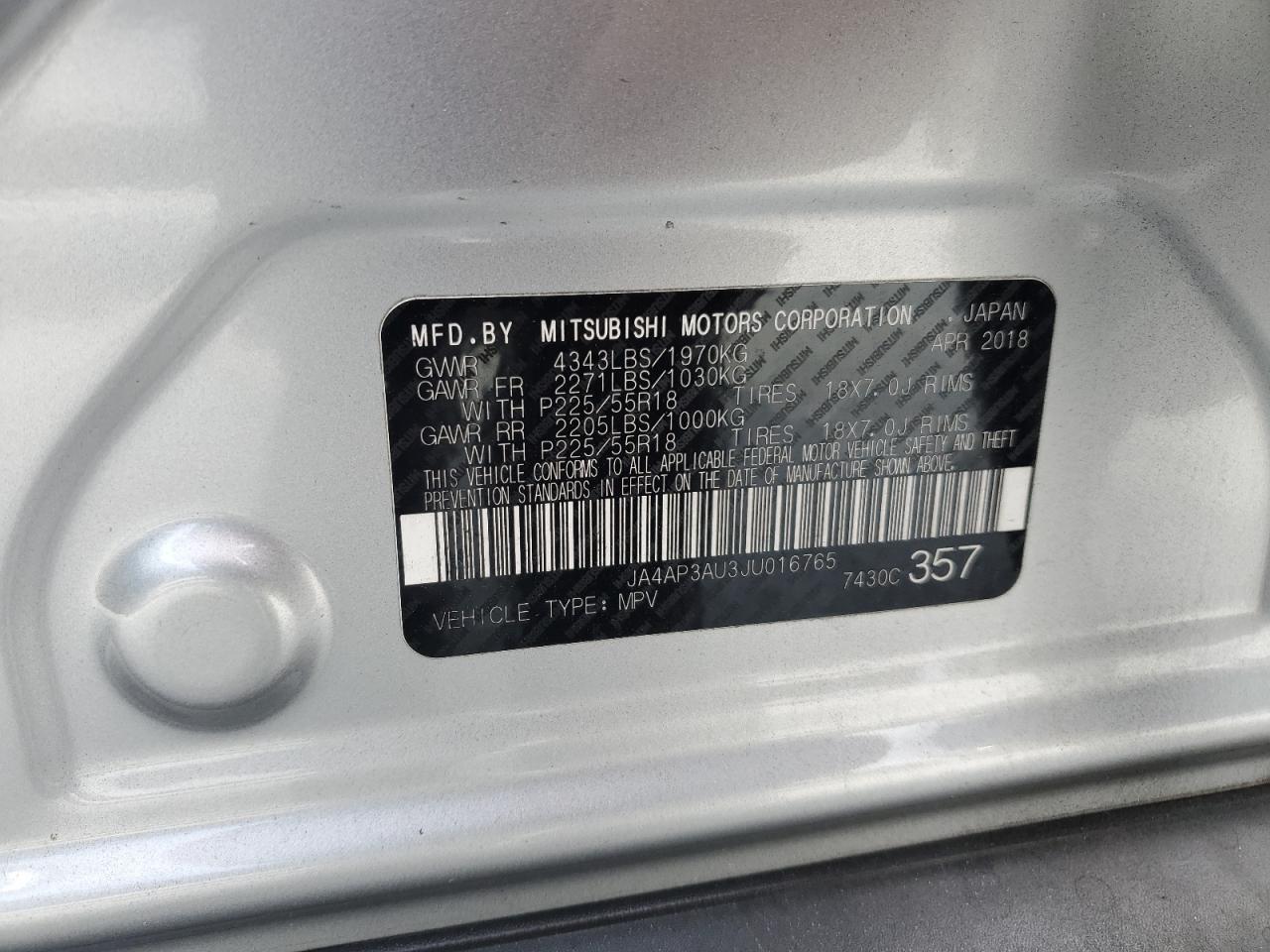 2018 Mitsubishi Outlander Sport Es VIN: JA4AP3AU3JU016765 Lot: 83788175