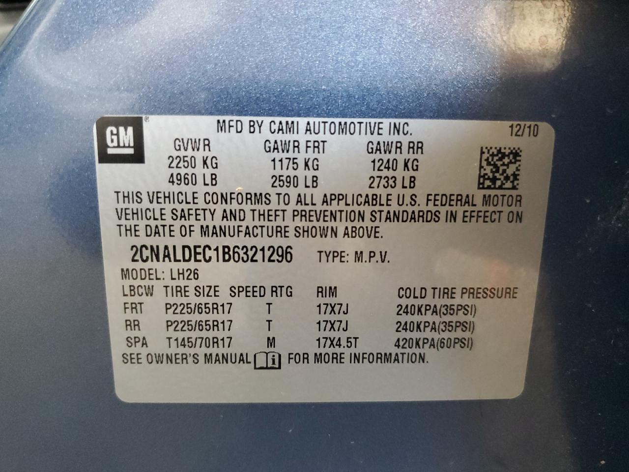 2011 Chevrolet Equinox Lt VIN: 2CNALDEC1B6321296 Lot: 80779825