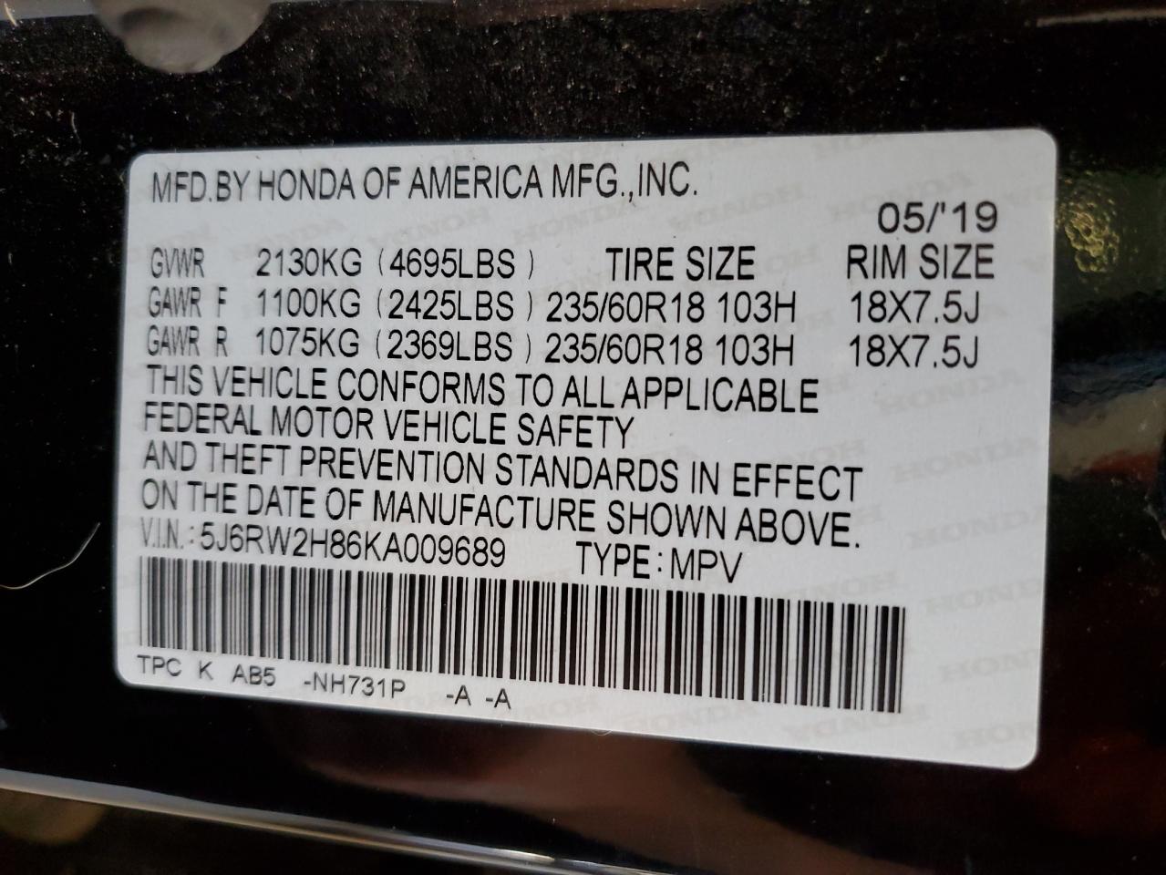 2019 Honda Cr-V Exl VIN: 5J6RW2H86KA009689 Lot: 81769255