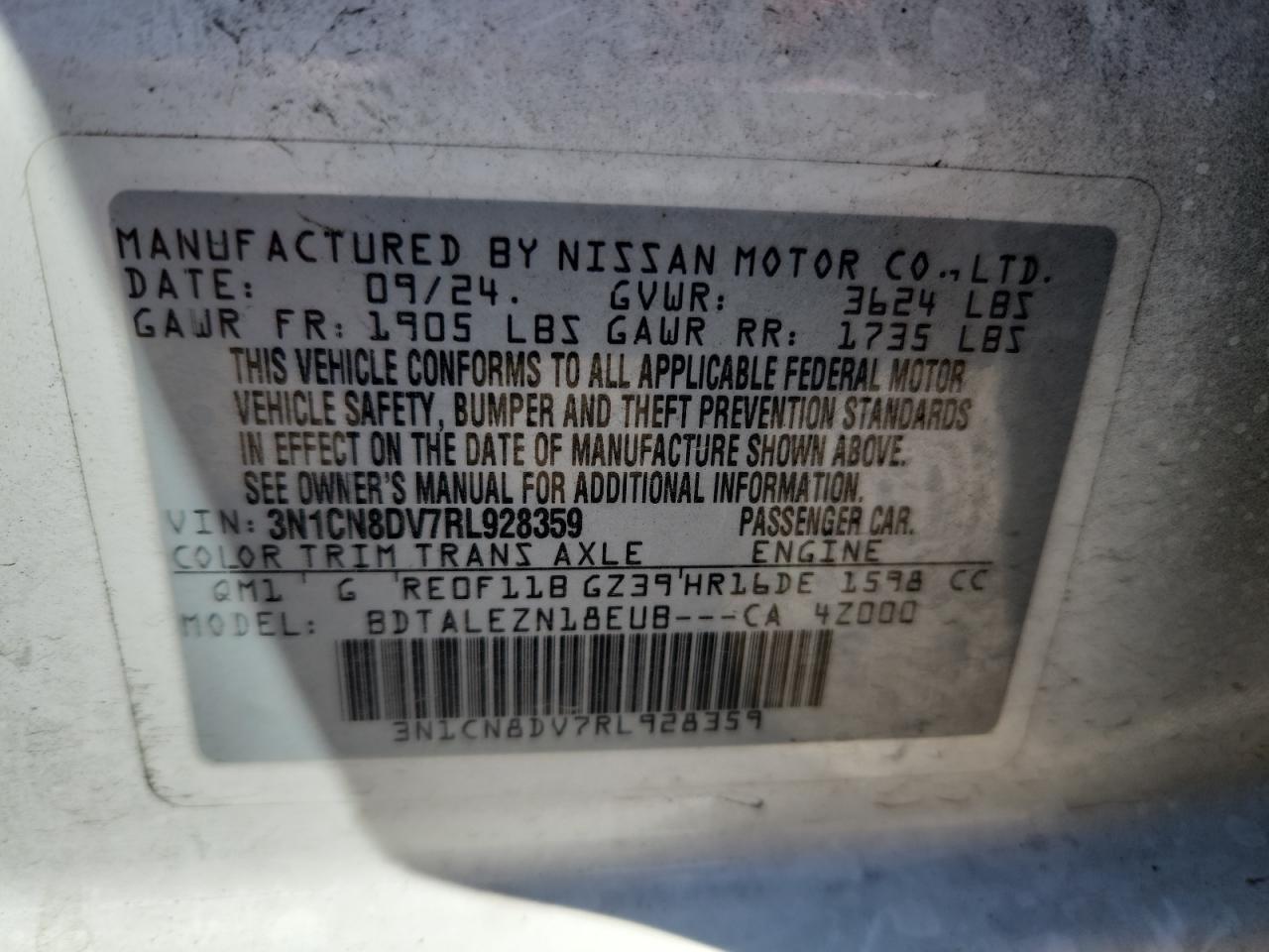 2024 Nissan Versa S VIN: 3N1CN8DV7RL928359 Lot: 70285975