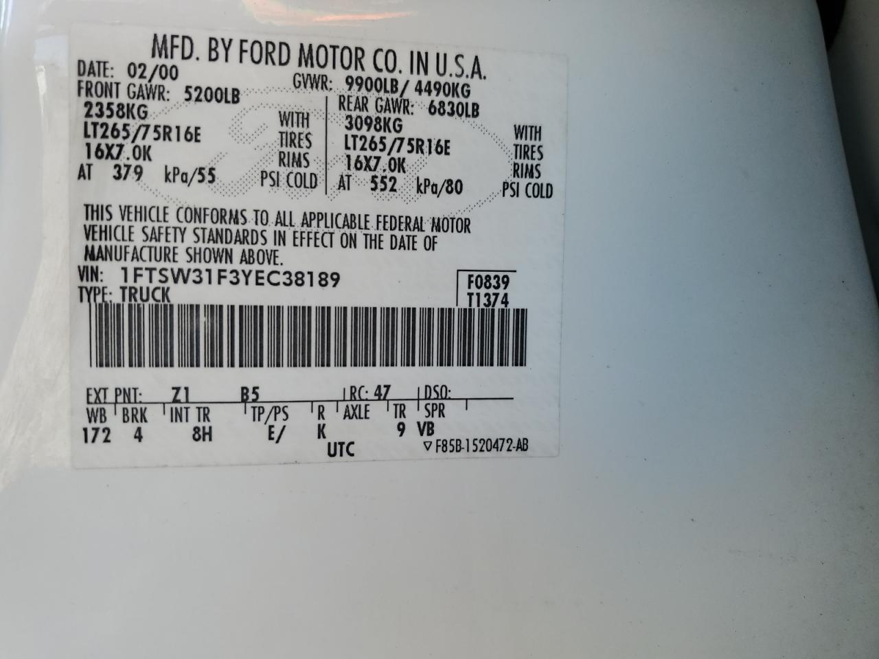2000 Ford F350 Srw Super Duty VIN: 1FTSW31F3YEC38189 Lot: 71523845