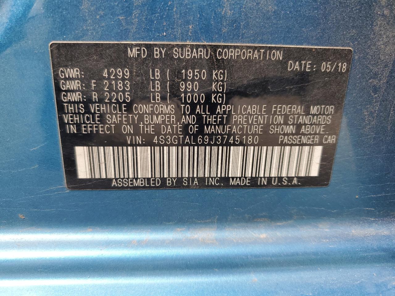 2018 Subaru Outback Touring VIN: 4S3GTAL69J3745180 Lot: 81788245