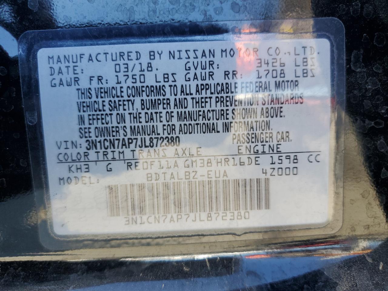 2018 Nissan Versa S VIN: 3N1CN7AP7JL872380 Lot: 81775375