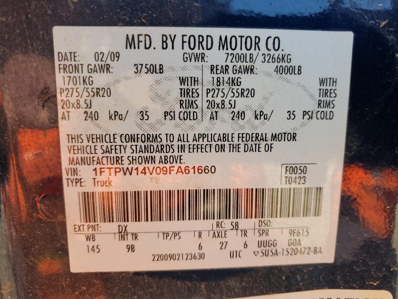 2009 Ford F150 Supercrew VIN: 1FTPW14V09FA61660 Lot: 81724295