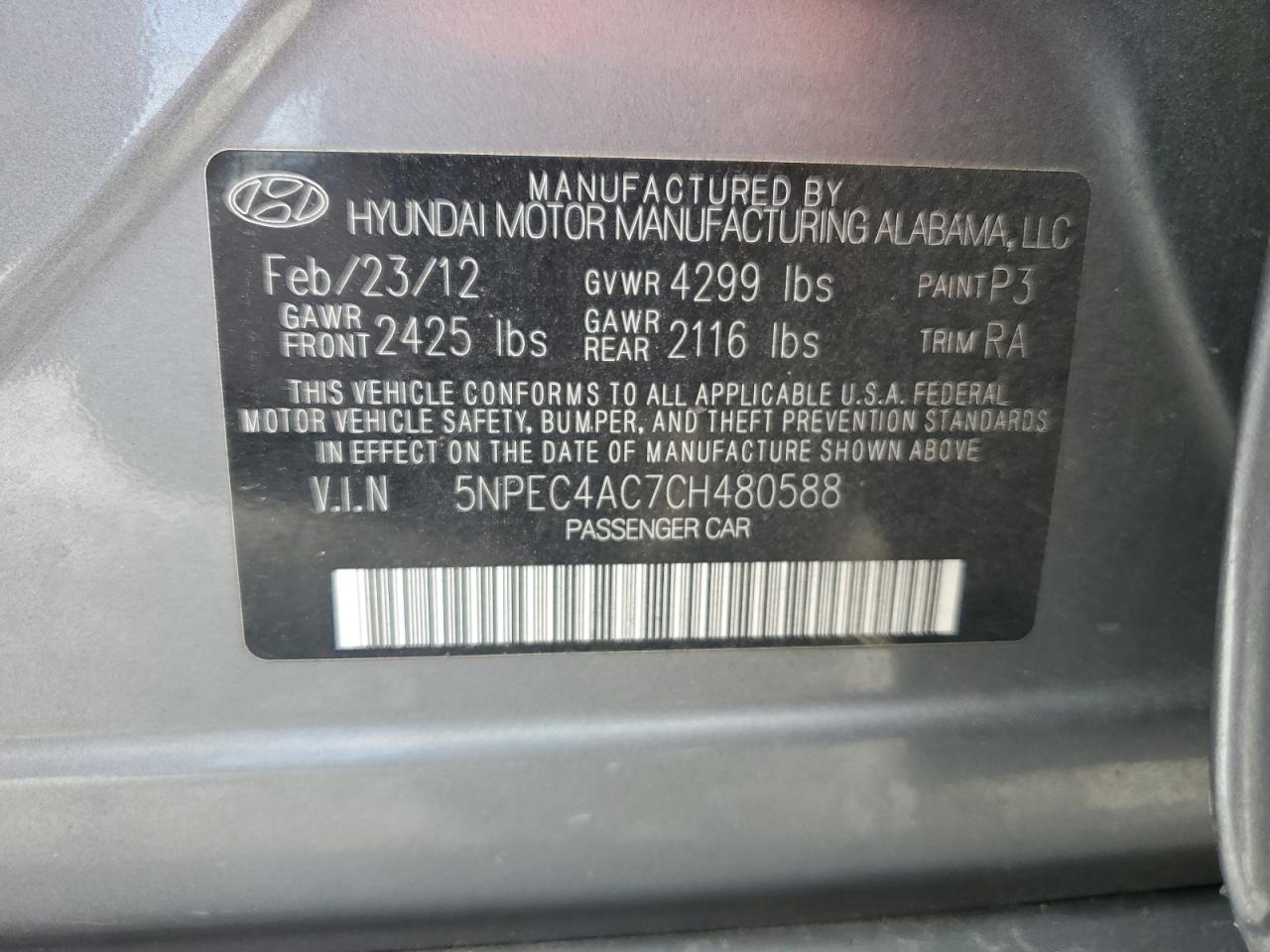 2012 Hyundai Sonata Se VIN: 5NPEC4AC7CH480588 Lot: 71114035